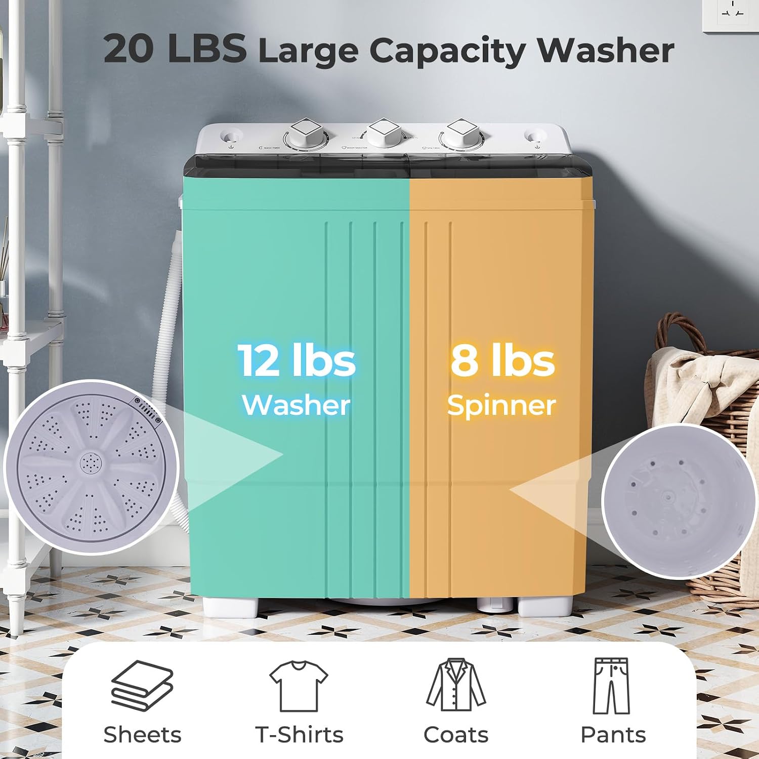 Giantex Washing Machine, 20Lbs Capacity, Washer and Spinner Combo, Portable Compact Twin Tub 12Lbs Washing and 8Lbs Spinning, Inlet and Drain Hose, Laundry Washer for Apartment RV Dorm