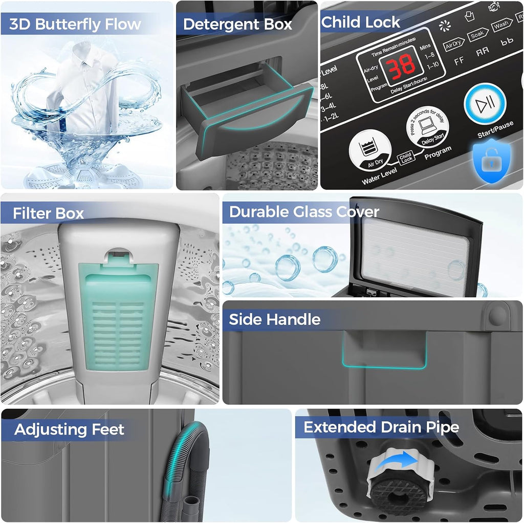 Nictemaw Portable Washing Machine, 20Lbs Capacity Washer Machine, 2.8Cu.ft Washer and Dryer Combo with Drain Pump, LED Display, 10 Programs & 8 Water Levels Laundry Machine, Slow-Close Glass Lid