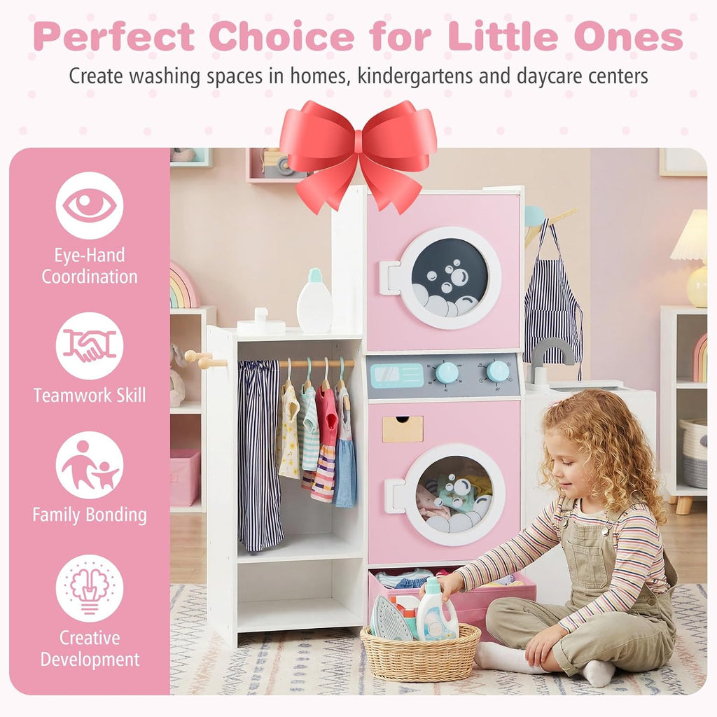 Costzon Kids Washer and Dryer Playset, Toddler Wooden Pretend Laundry Play Set w/Laundry Detergent Bottle, Iron, Hangers & Fabric Drawer, Realistic Laundry Room, Ideal Gift for Boys & Girls 3+