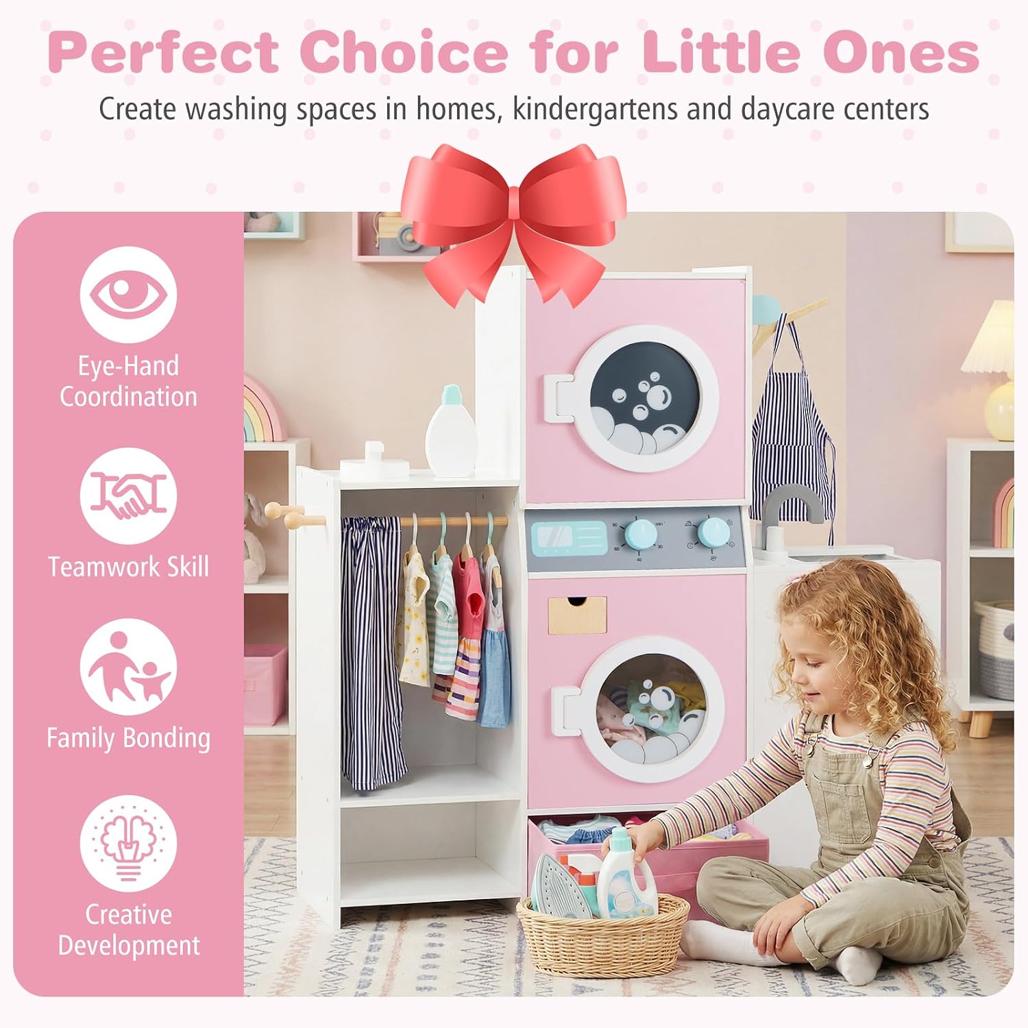 Costzon Kids Washer and Dryer Playset, Toddler Wooden Pretend Laundry Play Set w/Laundry Detergent Bottle, Iron, Hangers & Fabric Drawer, Realistic Laundry Room, Ideal Gift for Boys & Girls 3+