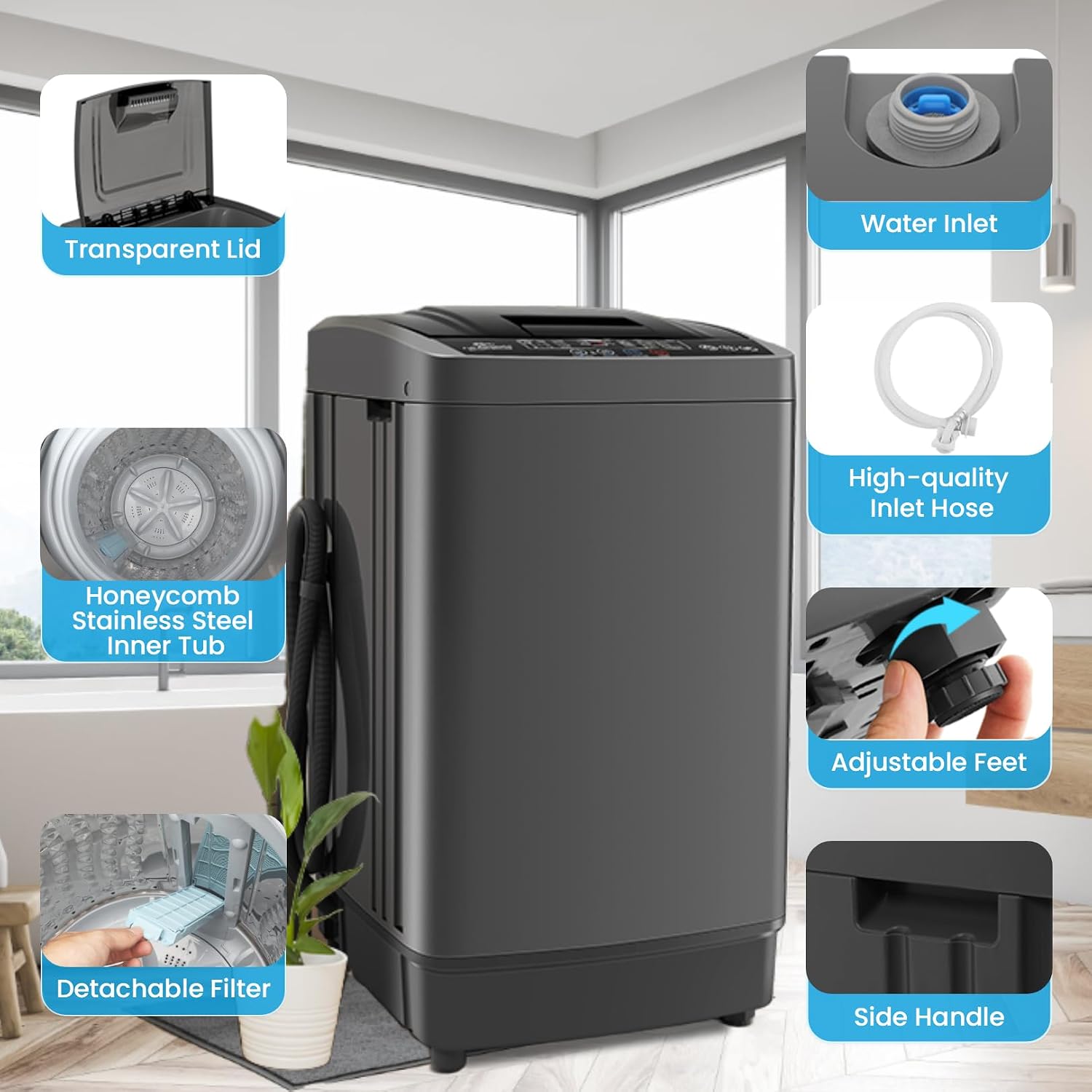 Nictemaw Portable Washing Machine 17.8Lbs Portable Washer with Drain Pump, 2.4 Cu.ft Full Automatic Washer and Dryer Combo, 10 Programs 8 Water Levels, LED Display, for Home, Apartment, RV
