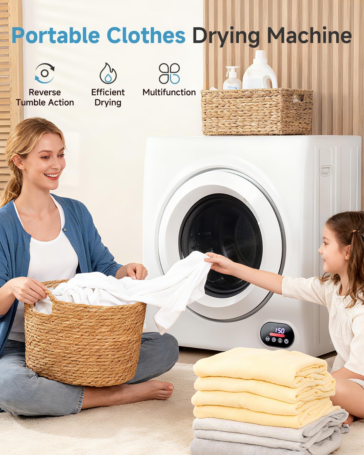 Feelfunn 2.65 Cu.Ft Portable Clothes Dryer - 1400W Clothes Dryer with Stainless Steel Tub, Front Load Tumble, LCD Touch Panel - Compact Drying Unit for Laundry, Apartments, Dorms