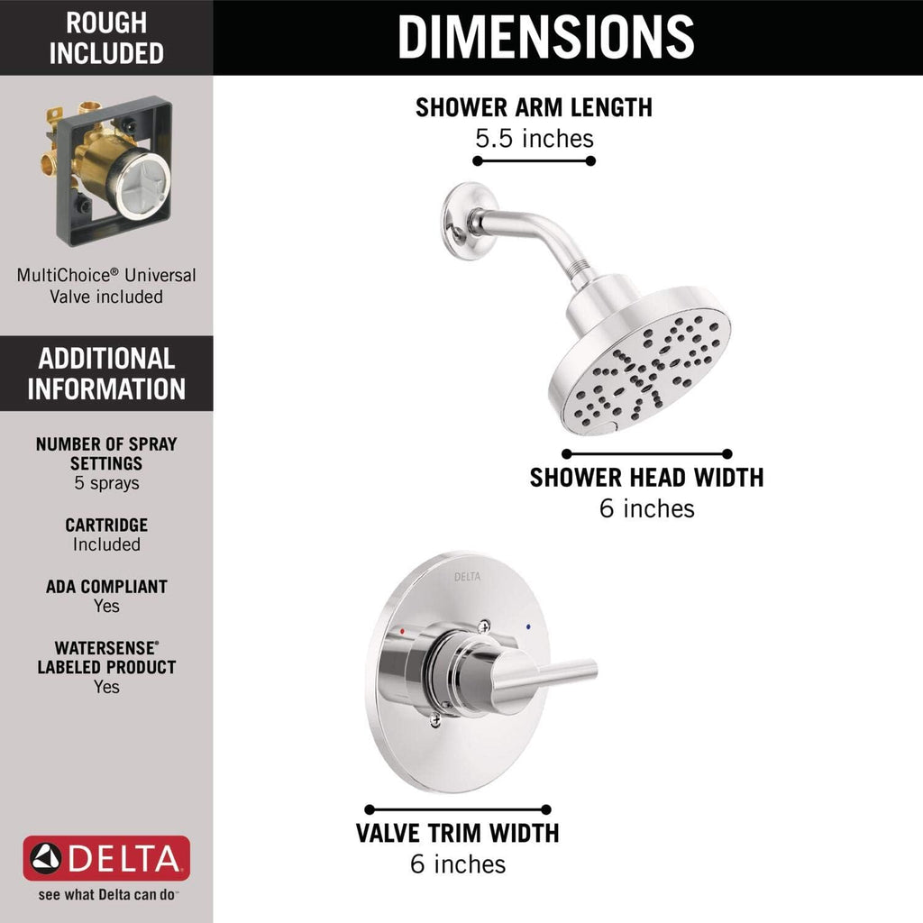 Delta Nicoli 14 Series H2Okinetic Shower Faucet Set, Chrome Shower Head and Handle Set, Valve Trim Kit, Chrome 142749 (Valve Included)