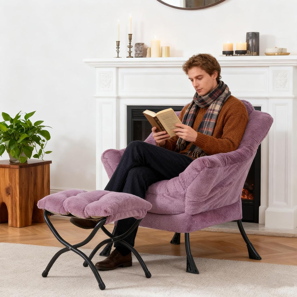 Welnow Lazy Chair with Ottoman, Modern Accent Chair with Armrests and a Side Pocket, Leisure Sofa Armchair Set, Reading Armchair with Footrest for Small Space, Plush Purple
