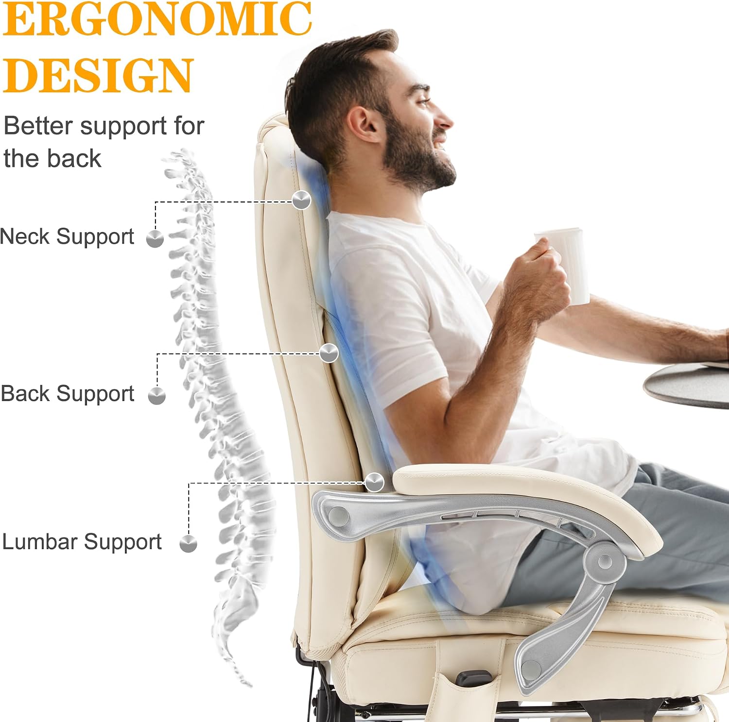 HOMREST Executive Office Chair with Footrest, 6-Point Massage Office Chair with Reclining Backrest, Heated Leather Computer Chair for Home Office(Cream)