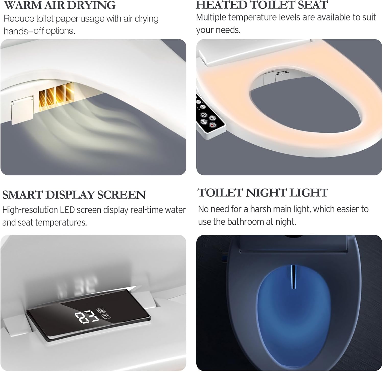 XCQQ Electric Heated Bidet Toilet Seat with Warm Water Wash, Warm Air Dryer, Soft Closed Lid, Night Light, LED Display, Toilet Seat with Bidet Requires Outlet - Elongated