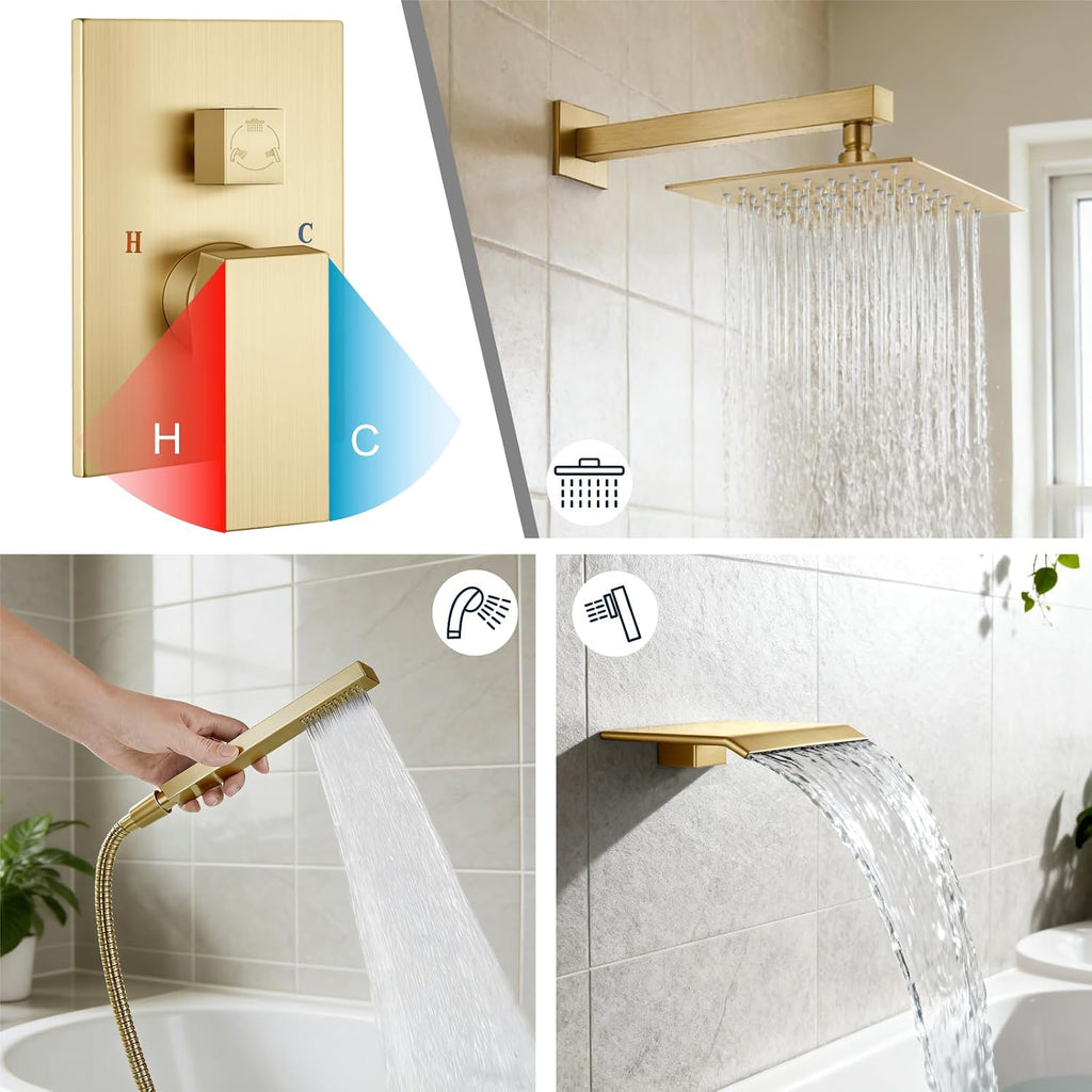 Midanya Shower System with Tub Spout,Bathtub Shower Faucet Set with Square Rainfall Head and Handheld Sprayer Wall Mount Tub Faucet Set with Valve and Trim Kit,12 Inch Brushed Gold