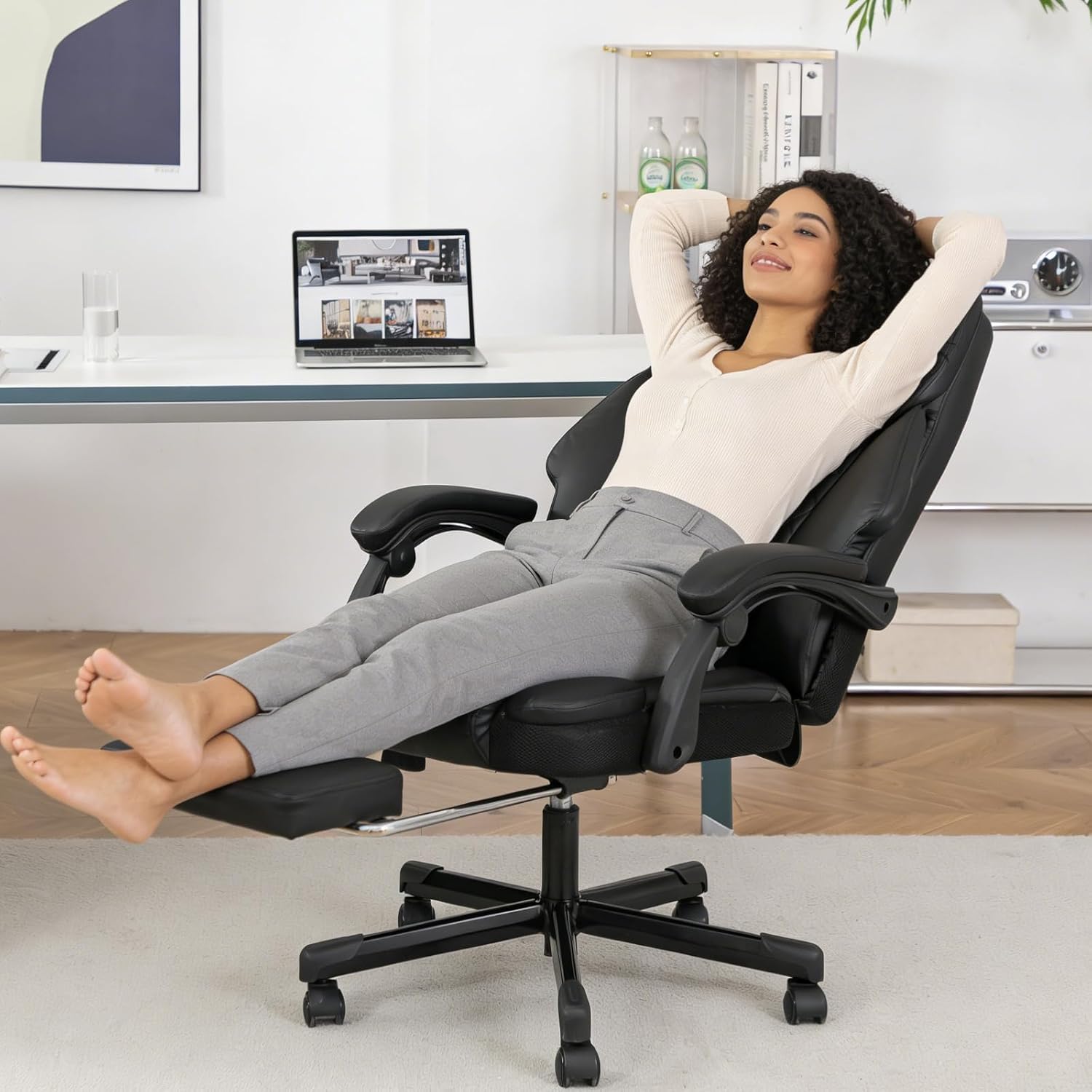 Massage Office Chair with Footrest, Heated Reclining Office Chair for Heavy People 400 lbs,High Back Executive Leather Home Desk Chair 6 Vibration Points,Ergonomic Managerial Chair, Black