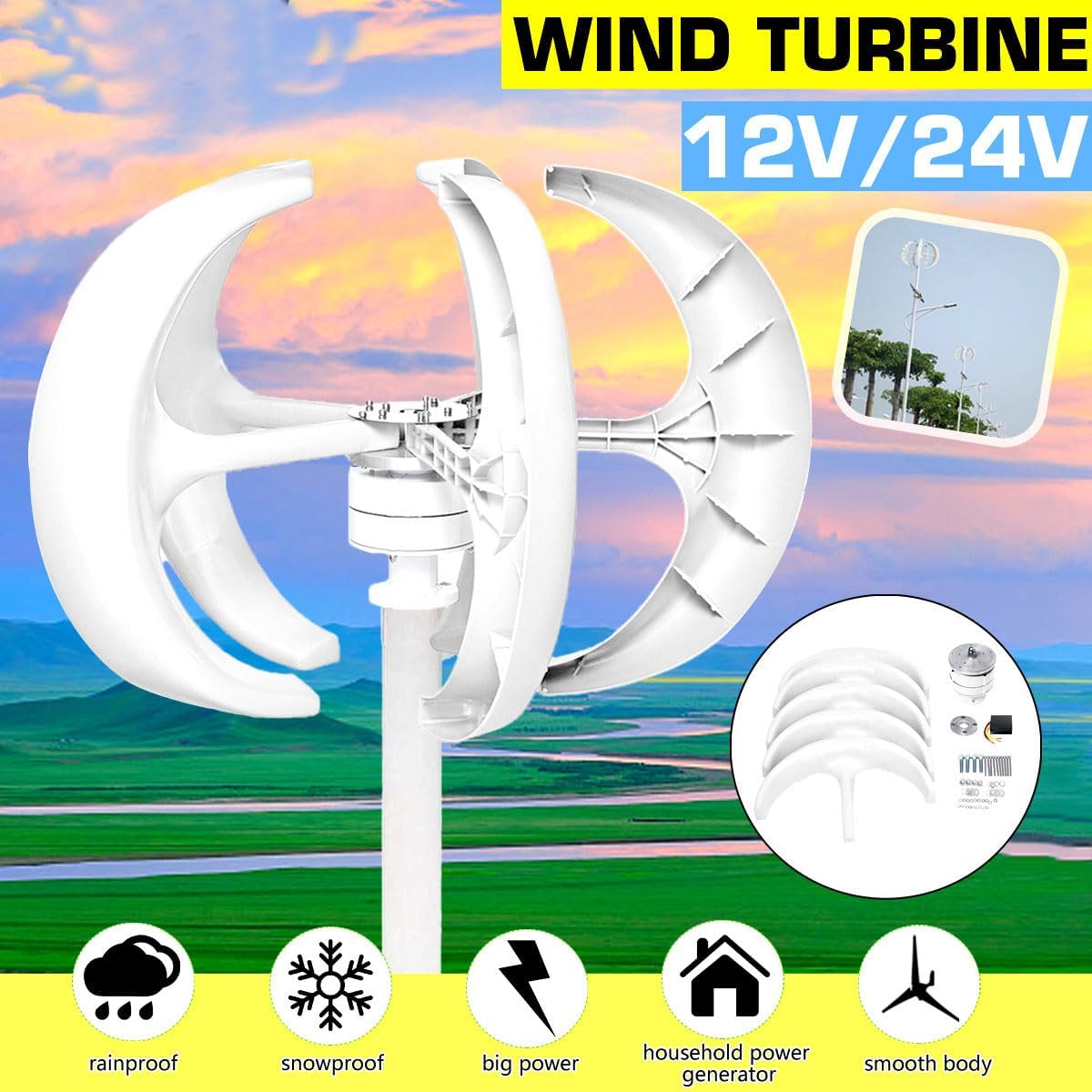No Noise Vertical Wind Turbine Generator,3000W 12V 24V 48V Lantern 5-Blade Turbine Wind Generator with MPPT Controller for Home Street Lighting(White)