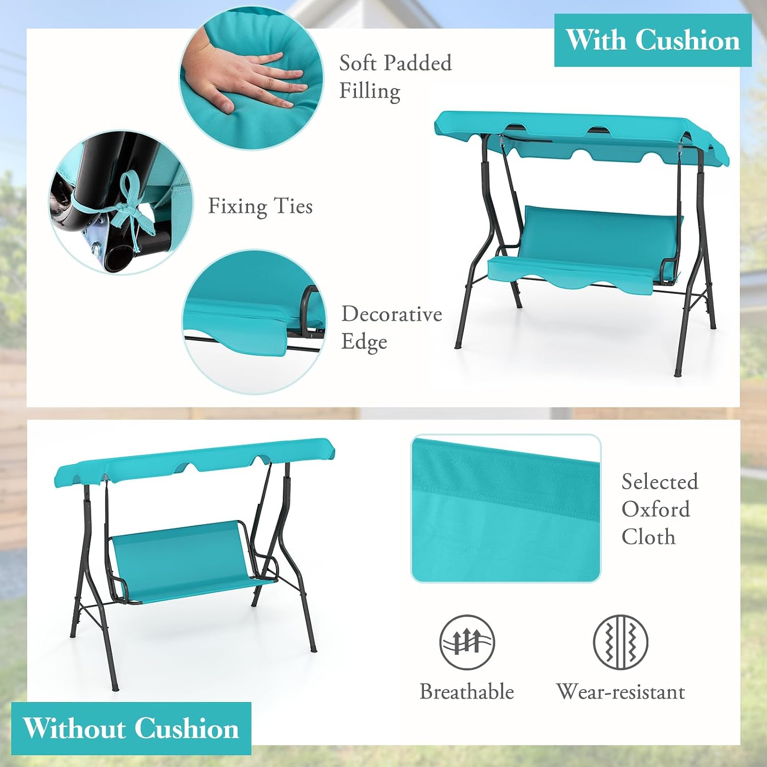 DREAMADE Porch Swing Outdoor, 3 Person Patio Swing w/Removable Cushion, Stand & Adjustable Canopy, Heavy Duty Swing Chair for Patio, Garden, Courtyard, Poolside