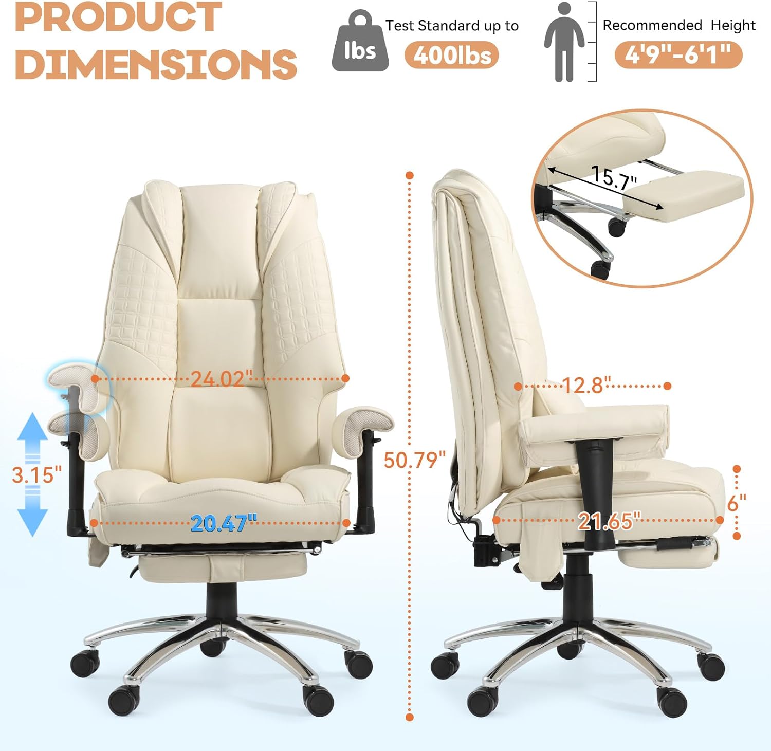 Massage Office Chair with Foot Rest, Ergonomic Executive Heated Office Chair with Reclining Backrest, Adjustable Arms and Lumbar Support, High Back Leather Desk Chairs for Home Office, Beige