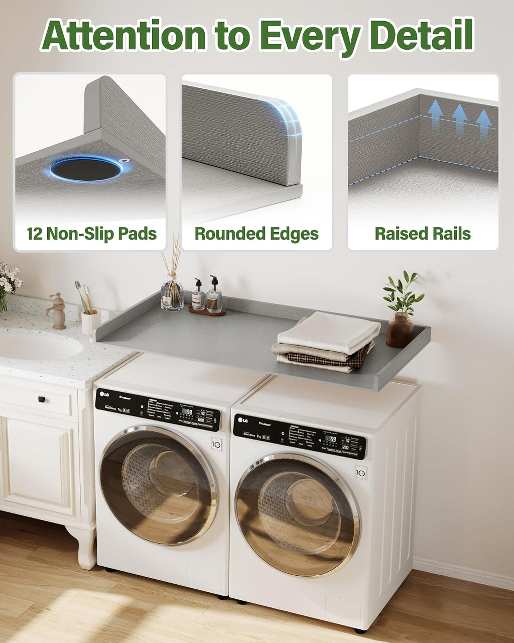 Premium HDPE Washer and Dryer Countertop 54'x27.5' – Waterproof washer dryer topper for Laundry Room Organization, Washer Dryer Countertop for Folding Clothes, Sorting & Extra Storage，Warm Grey
