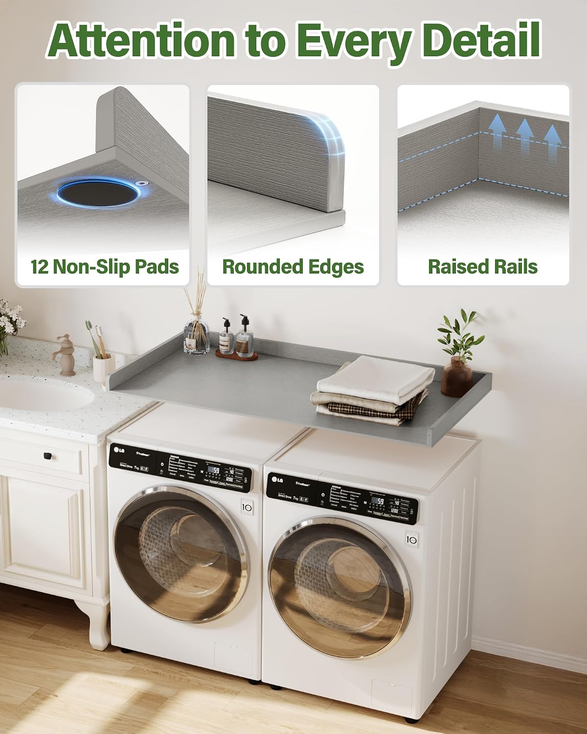 Premium HDPE Washer and Dryer Countertop 54'x27.5' – Waterproof washer dryer topper for Laundry Room Organization, Washer Dryer Countertop for Folding Clothes, Sorting & Extra Storage，Warm Grey