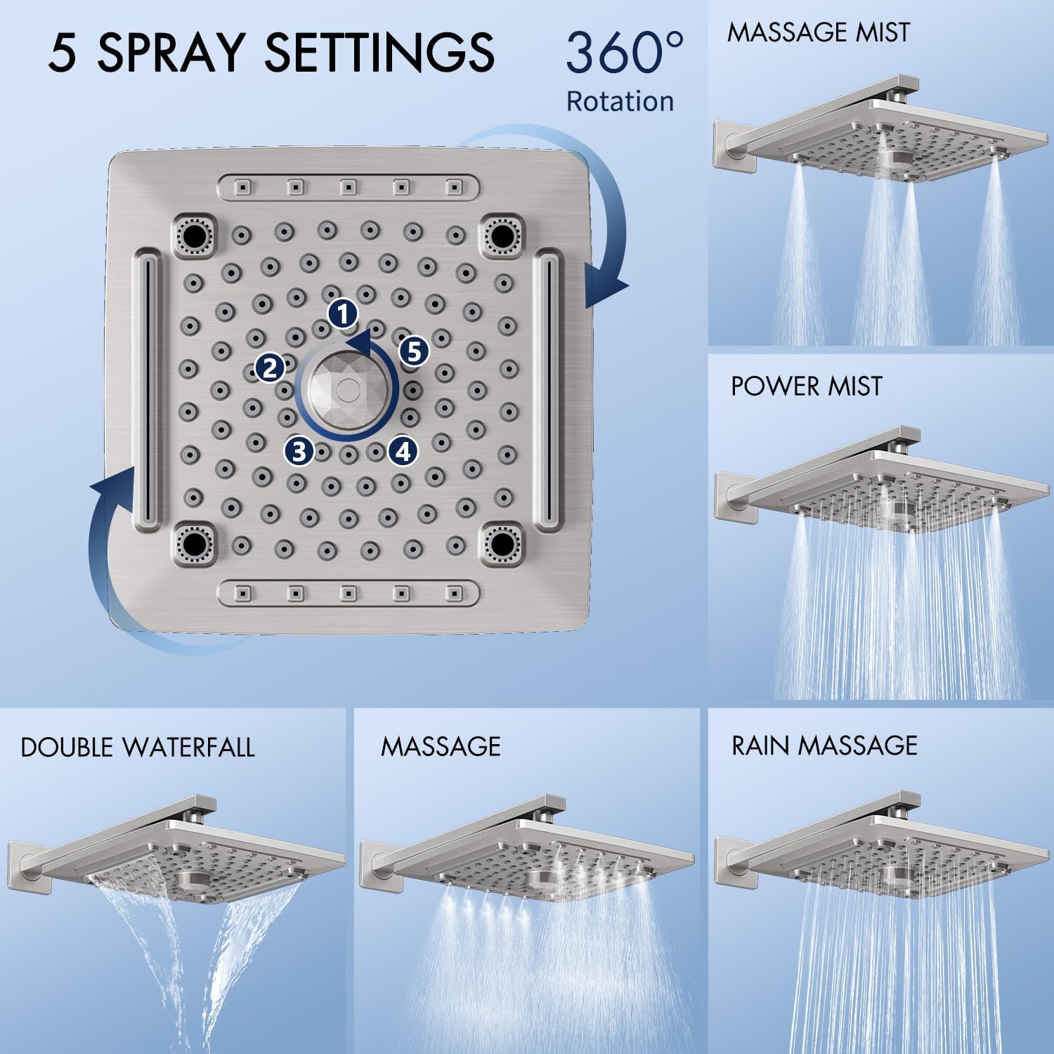 ELLO&ALLO Shower Tub Shower Faucet Set Brushed Nickel Mixing Valve and Trim Kit, Rainfall Waterfall Shower Head with Handheld Combo