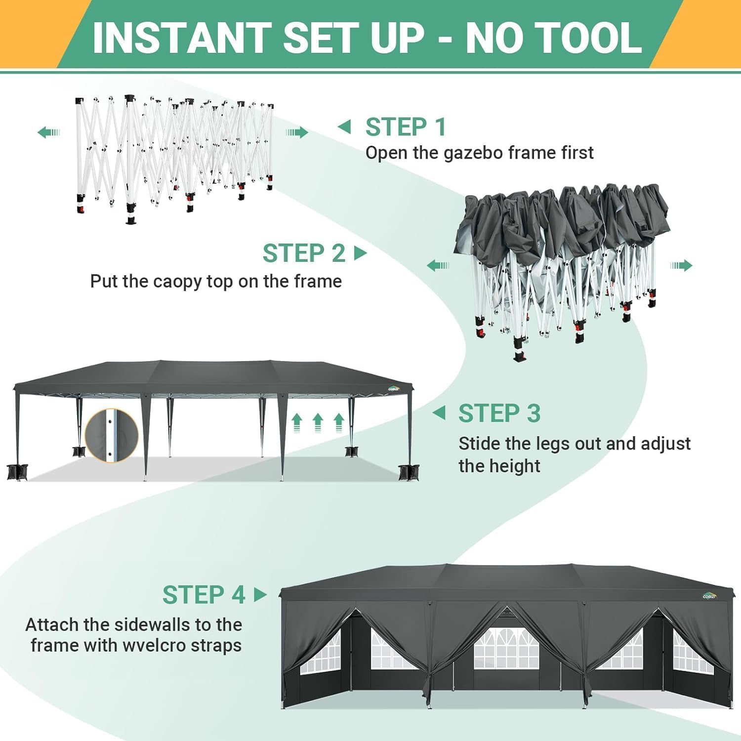 COBIZI 10x30 Canopy Party Tent with 8 Walls 10x30 Pop Up Canopy for Parties Waterproof UPF 50+ Outdoor Commercial Event Tent for Party Backyard Gazebo Canopy with Sidewalls & Sandbags(Gray)