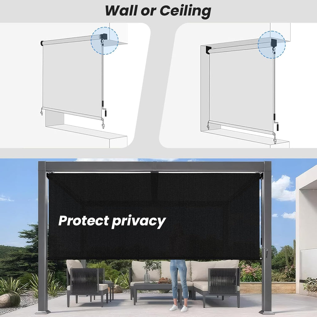10'W x 8'H Black Outdoor Roller Shade with Crank Wand Patio Shades Roll up, Privacy Protection & UV Blocking for Pergola | Gazebo