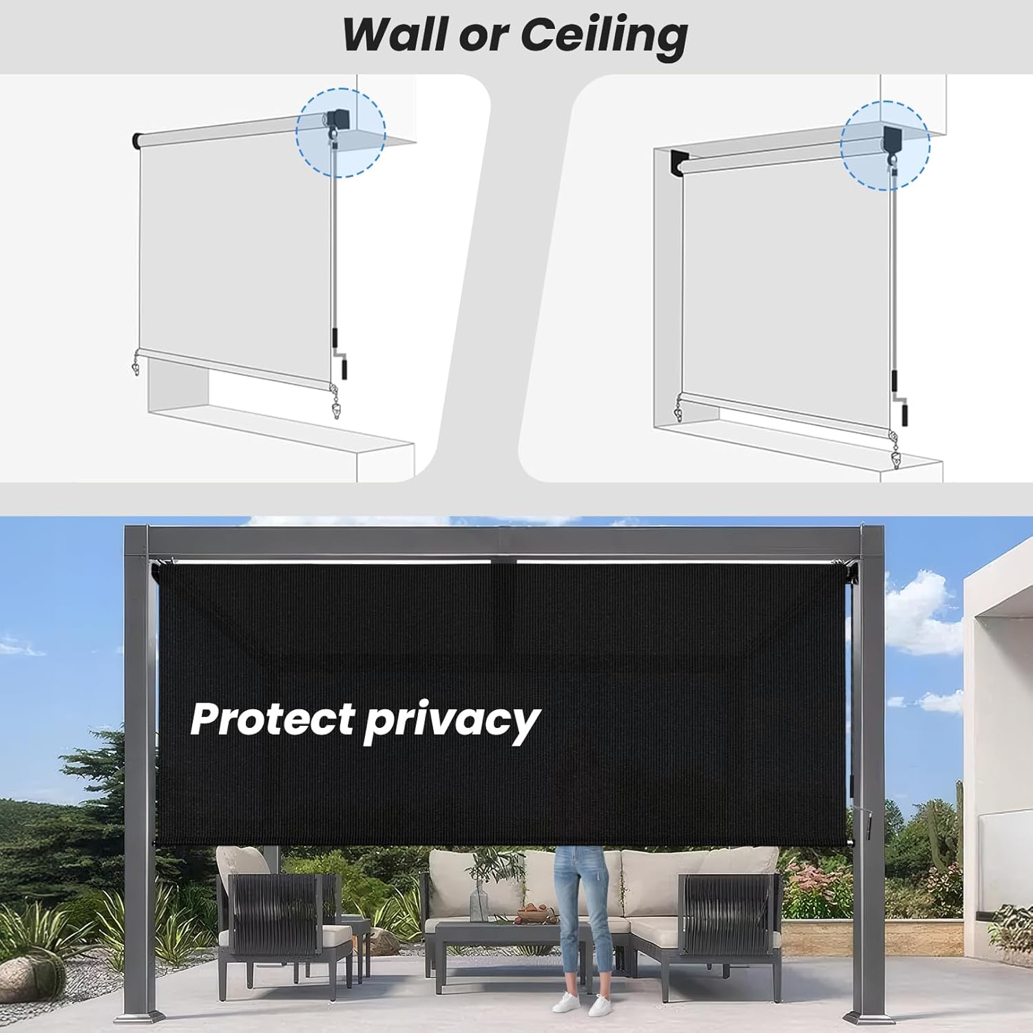 10'W x 8'H Black Outdoor Roller Shade with Crank Wand Patio Shades Roll up, Privacy Protection & UV Blocking for Pergola | Gazebo