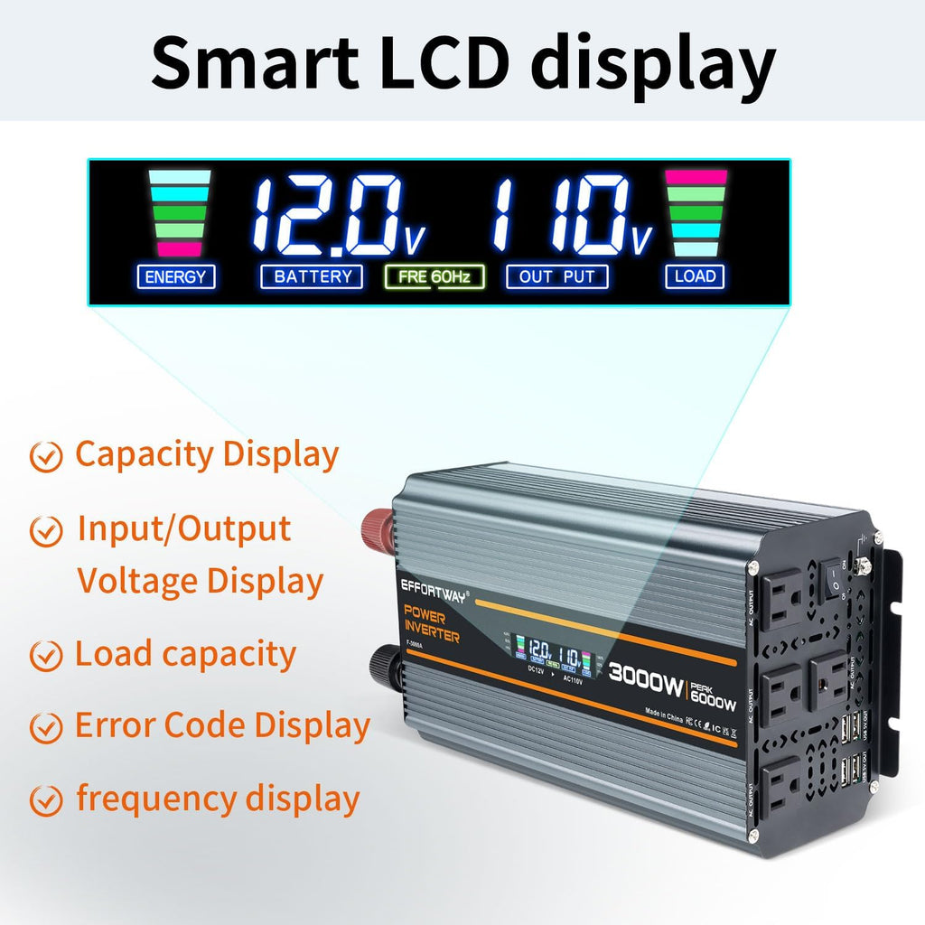 3000 watt Power Inverter DC 12V to AC 110V/120V Converter,6000w Peak.Comes with LCD Display,Wireless Controller,4AC outlets,4 USB.RV Inverter,Suitable for Camping,and Off-Grid Solar Inverter Systems
