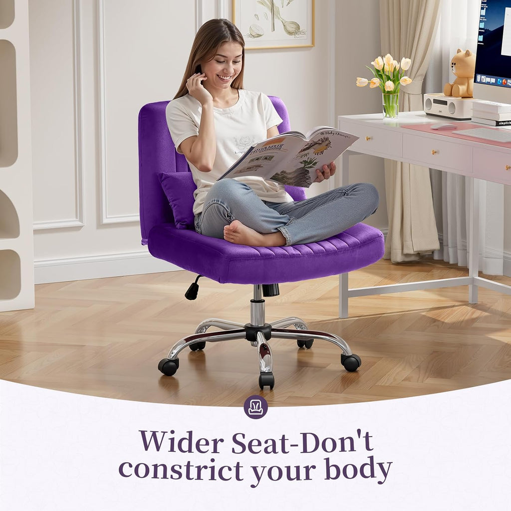 Criss Cross Chair with Wheels, Velvet Cross Legged Office Chair, Comfy Desk Chair for Home Office, Ergonomic Computer Chair, Wide Seat Vanity Chair, Birthday Gift for Women, Velvet Plum Purple
