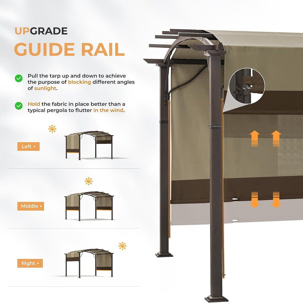 HAPPATIO 10' x10' Outdoor Retractable Pergola, Aluminum Pergola with Canopy Fixed in Various Positions, Arched Roof with Sun Shade Canopy, Metal Frame for Backyards, Gardens, Patios (Brown)