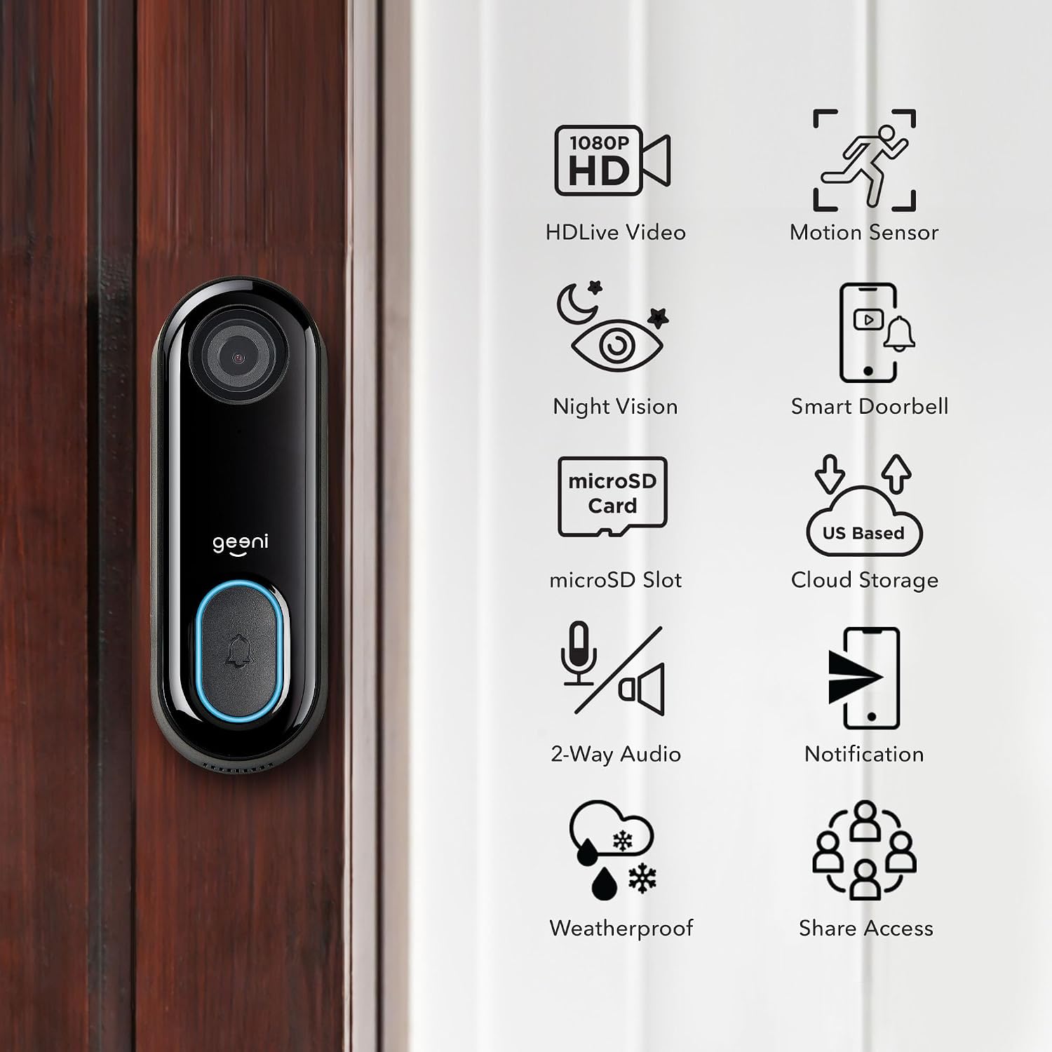 Geeni Smart Video Doorbell, 1080p HD, Motion Detection, Night Vision, Two-Way Audio, Weather-Resistant, Wired Installation, Alexa & Google Assistant Compatible, Wi-Fi Security Camera