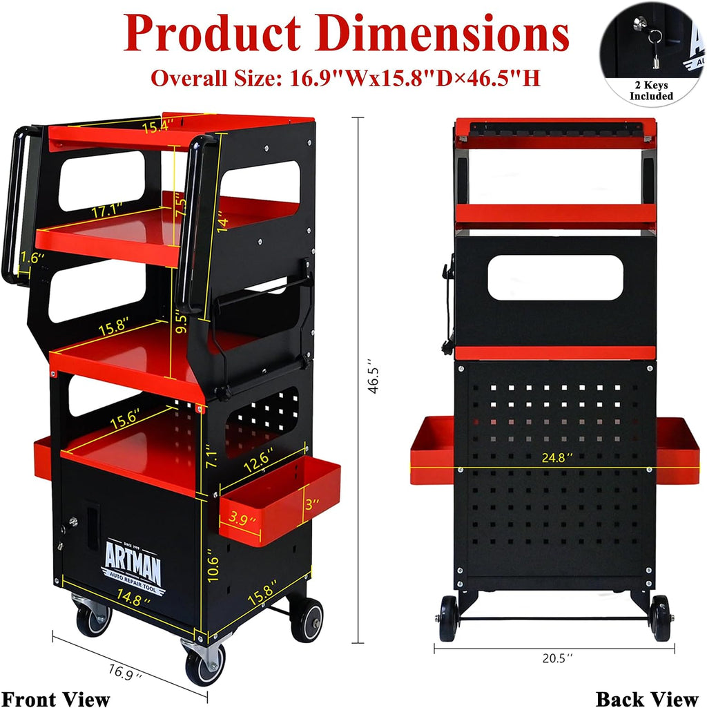 4-Tier 1-Cabinet Tool Cart on Wheels, Multifunctional Rolling Tool Chest Tool Storage with Key Lock and Handle, Rolling Tool Trolley Organizer Tool Case for Workshop, Diagnostics(Black+Red)