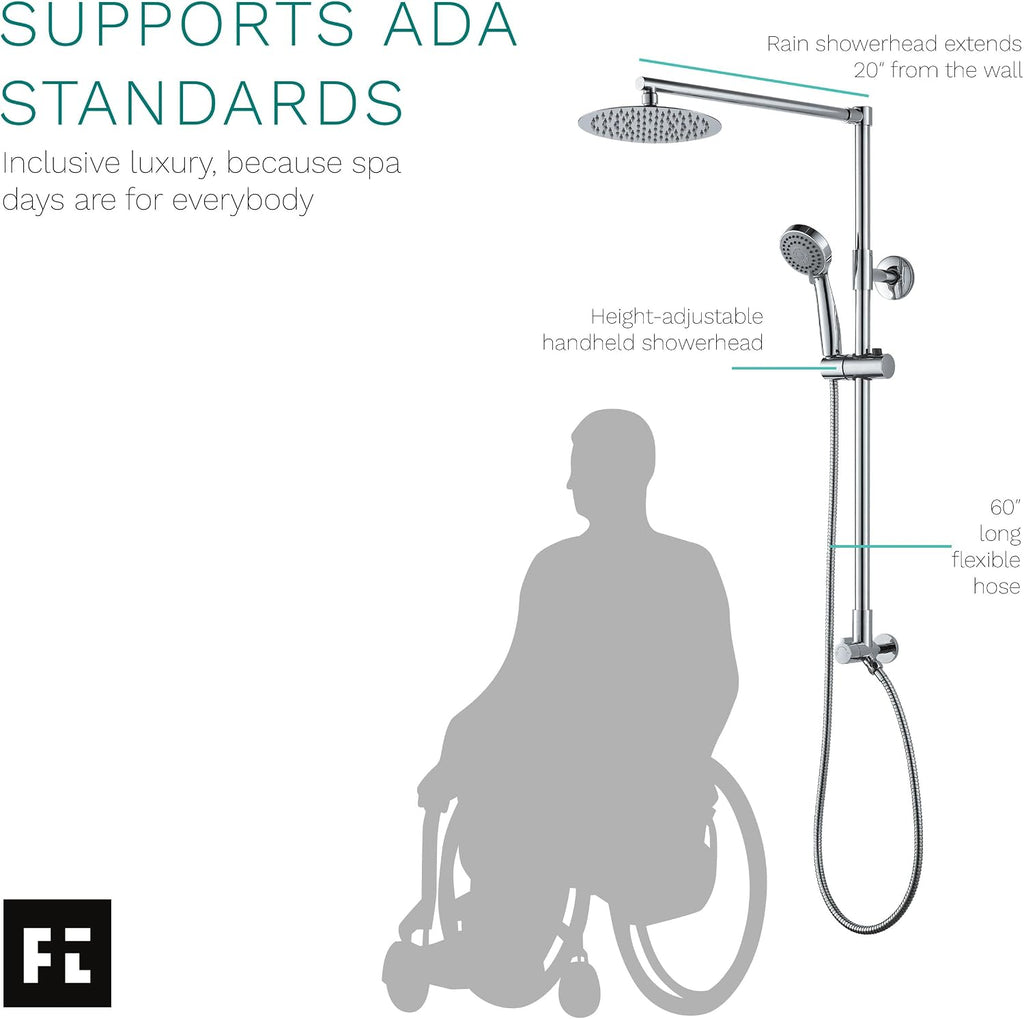 Fennocasa Polaris 3 Retrofit Rain Shower System, 3-Setting Handheld Shower Combo with Slide Bar, 8' Low Profile Shower Head (2.5 GPM Chrome)