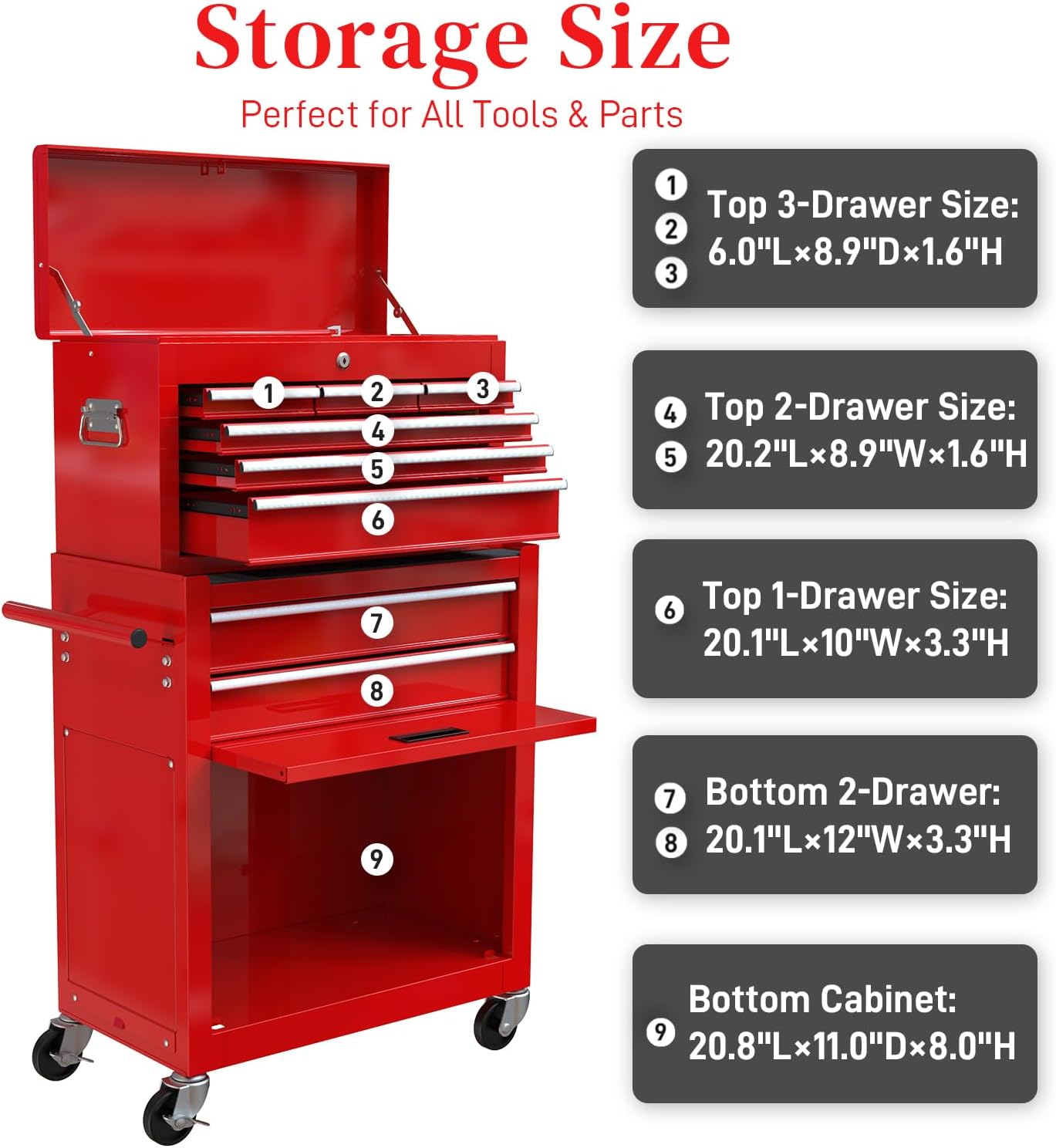 High Capacity Rolling Tool Chest with 8-Drawer Tool Box on Wheels Multifunctional Tool Cart Mechanic Tool Storage Cabinet for Garage, Warehouse, Workshop, Repair Shop (Red)