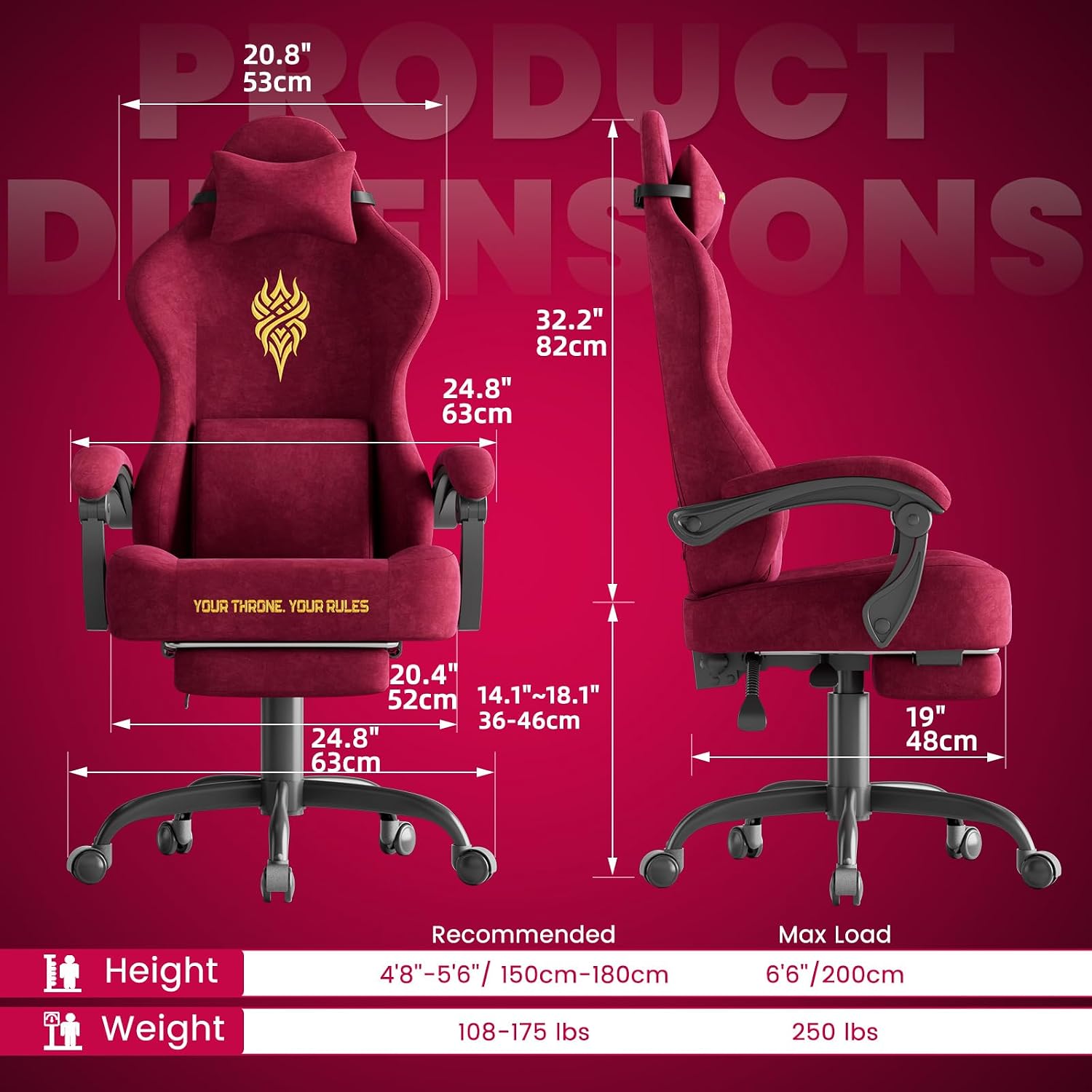 Ferghana Velvet Ergonomic Gaming Chair – High Back Design with Fire Embroidery, 20.5″ Wide Seat Cushion, Massage Lumbar Support & Footrest, Adult Computer Chair, Red