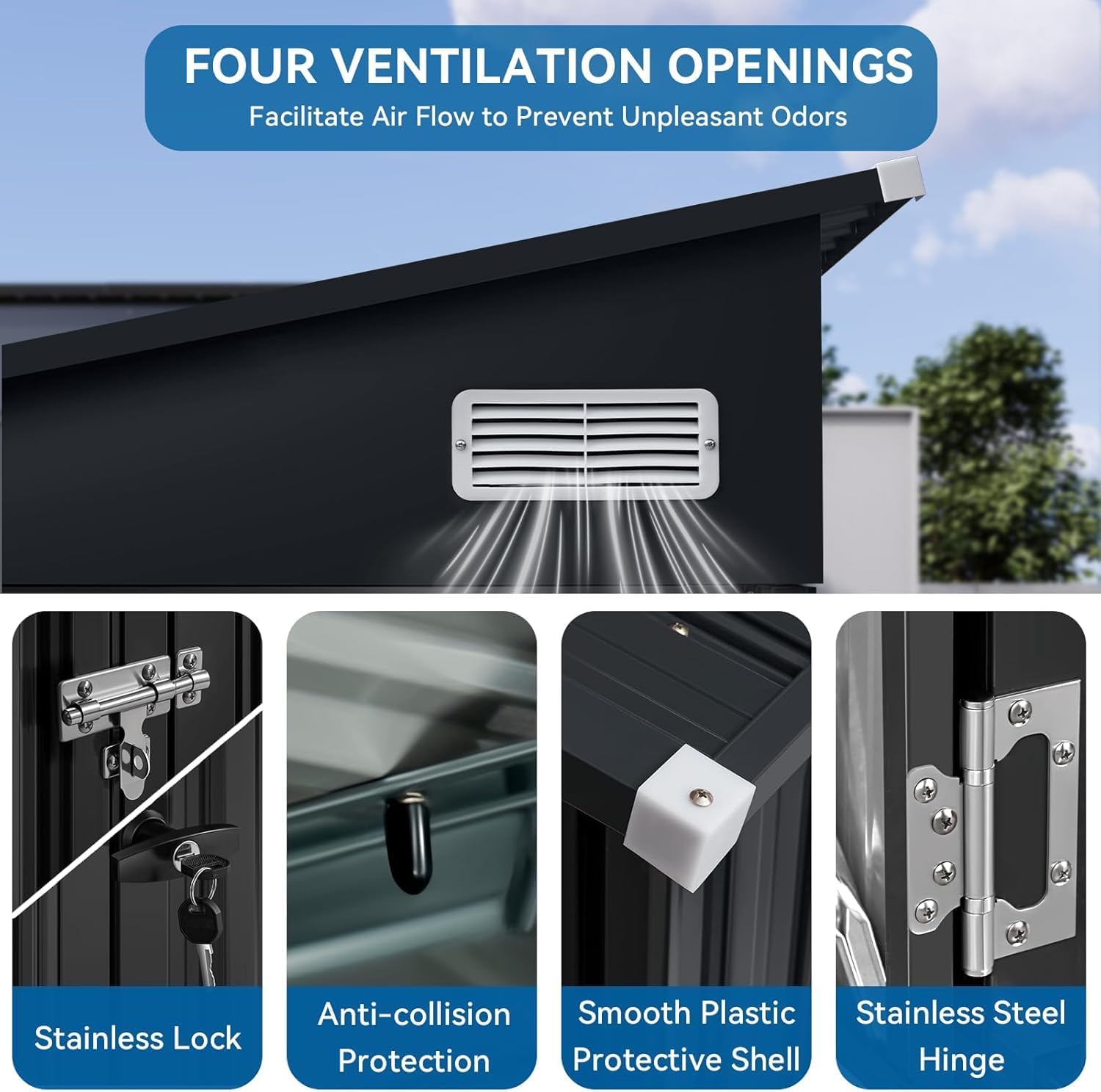 354 cu.ft Shed 9.5x7.4 Ft Premium Galvanized Steel Storage Sheds with Triple Doors Weatherproof Outdoor Utility Sheds, Dual Lock Lean to Shed for Mower, Bike, Generator, Garden Tools (Black)
