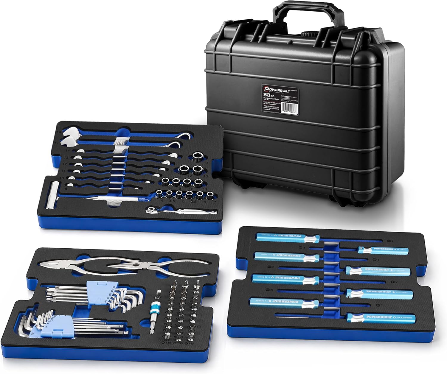 Powerbuilt 83 Pc. 420J2 Stainless Steel Marine Boat Repair Tool Set, Drivers, Pliers, Wrenches, Mallet, Bit Driver/Bits, Sockets, Watertight Shock Resistant Case with Lift-Out Foam Tool Trays - 642411