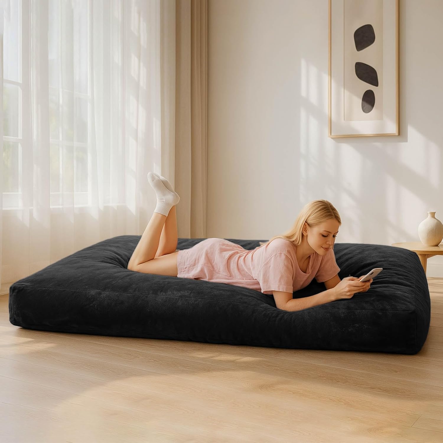 Adult Bean Bag Chair Bed, Bean Bag Sofa with Filling, Memory Foam, Comfortable Floor Sofa Bed, Boneless Floor Chair, Suitable for Living Room Bedroom Dormitory Balcony Lounge (Black, Chair Bed)