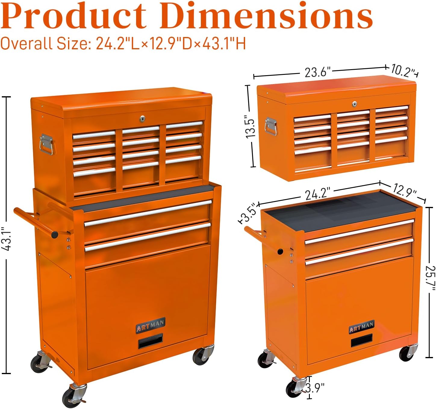High Capacity Rolling Tool Chest with 8-Drawer Tool Box on Wheels Multifunctional Tool Cart Mechanic Tool Storage Cabinet for Garage, Warehouse, Workshop, Repair Shop (Orange)