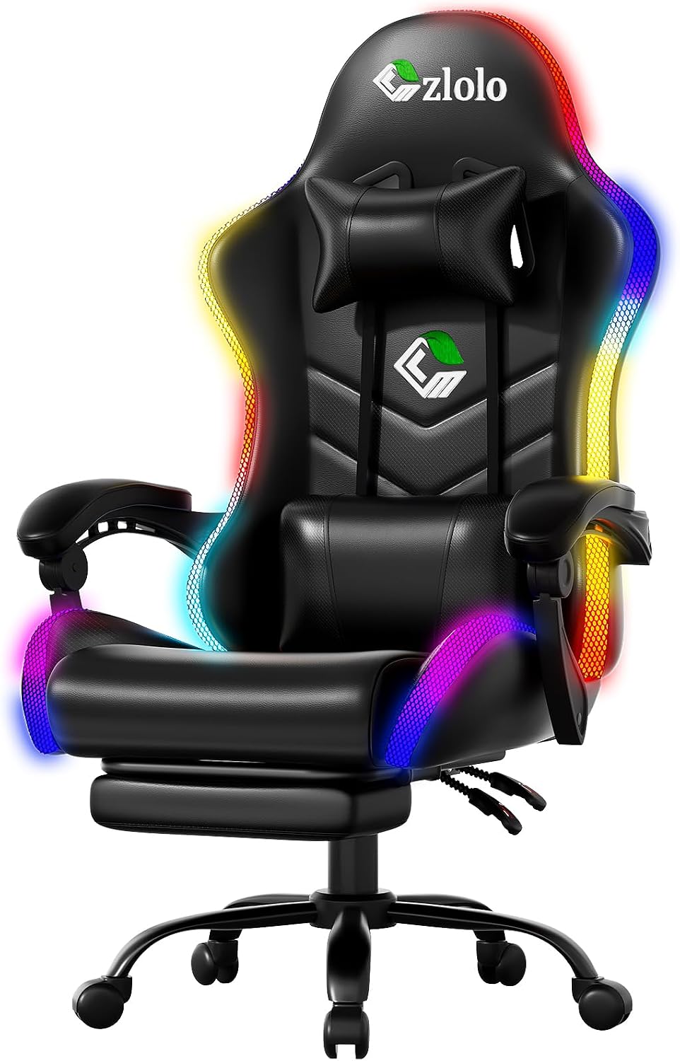 Czlolo Gaming Chair, 2026 Upgraded RGB LED Lights Computer Chair with Footrest, Lumbar Support Massager Gamer Chair, High Back, 90-135° Reclining, Linkage Armrests, Black