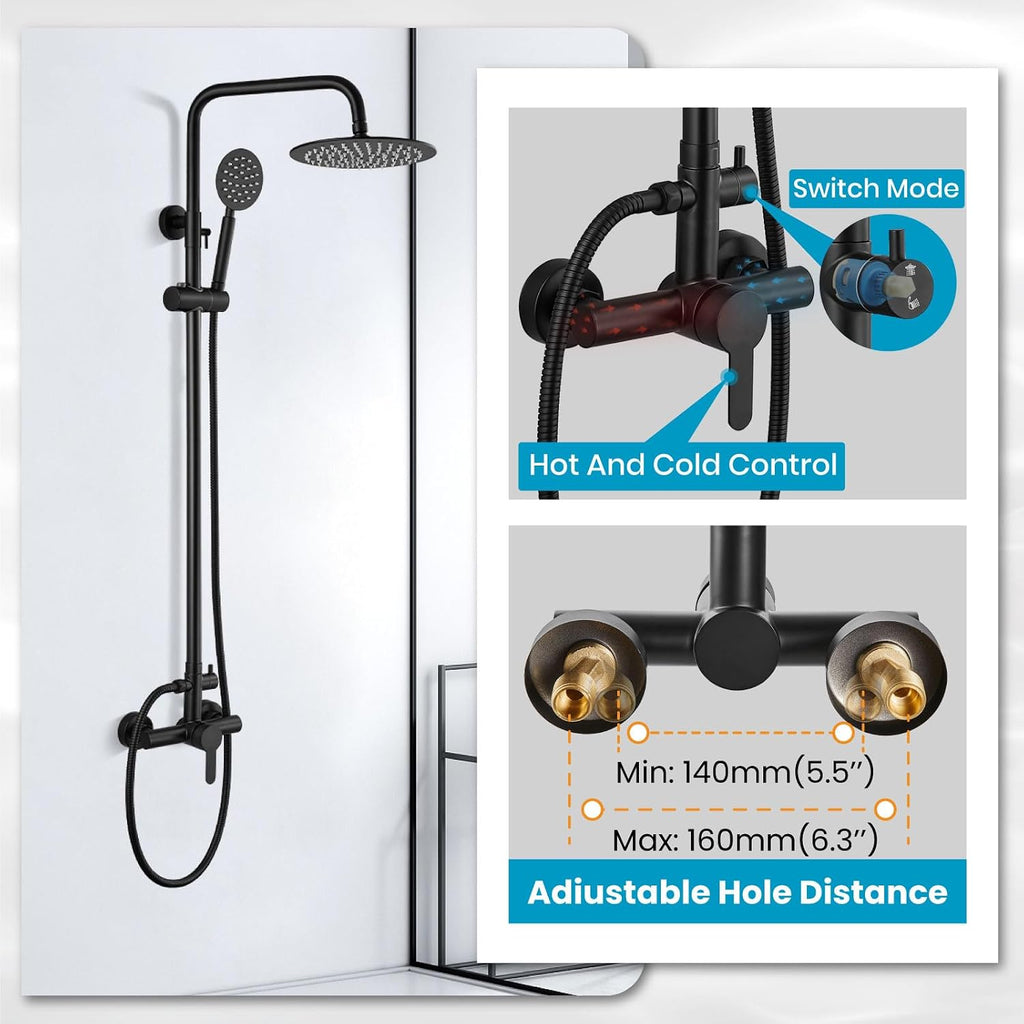gotonovo SUS304 Outdoor Shower Fixtures High Pressure Rainfall Shower System Combo Wall Mount 2 Dual Function 8 Inch Shower Head and Round Handheld Spray Single Handle Shower Faucet Set Matte Black