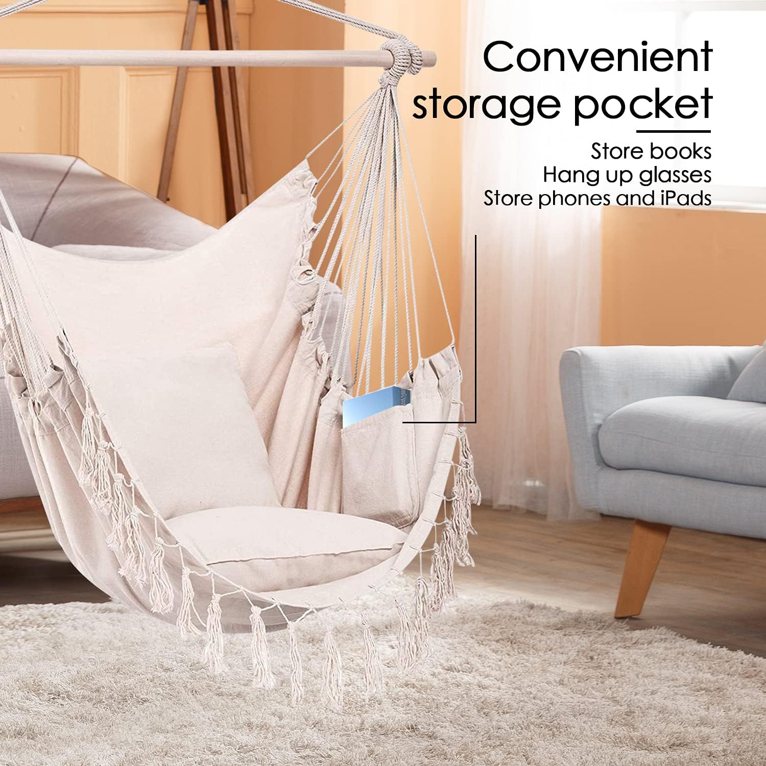 ZLX Hammock Chair Hanging Rope Swing with Hardware Kit and 2 Cushions, Handmade Macrame Hanging Chair for Bedroom Patio Yard Garden, Max 330 Lbs, Beige
