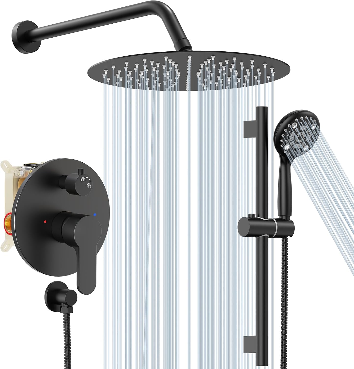 SR SUN RISE 12 Inch Slide Bar Shower System, Round Shower Faucets Sets Complete Rain Shower head and 6-Spray Handheld Combo, Wall Mounted Dual Shower Faucet Included Valve and Trim Kit, Matte Black