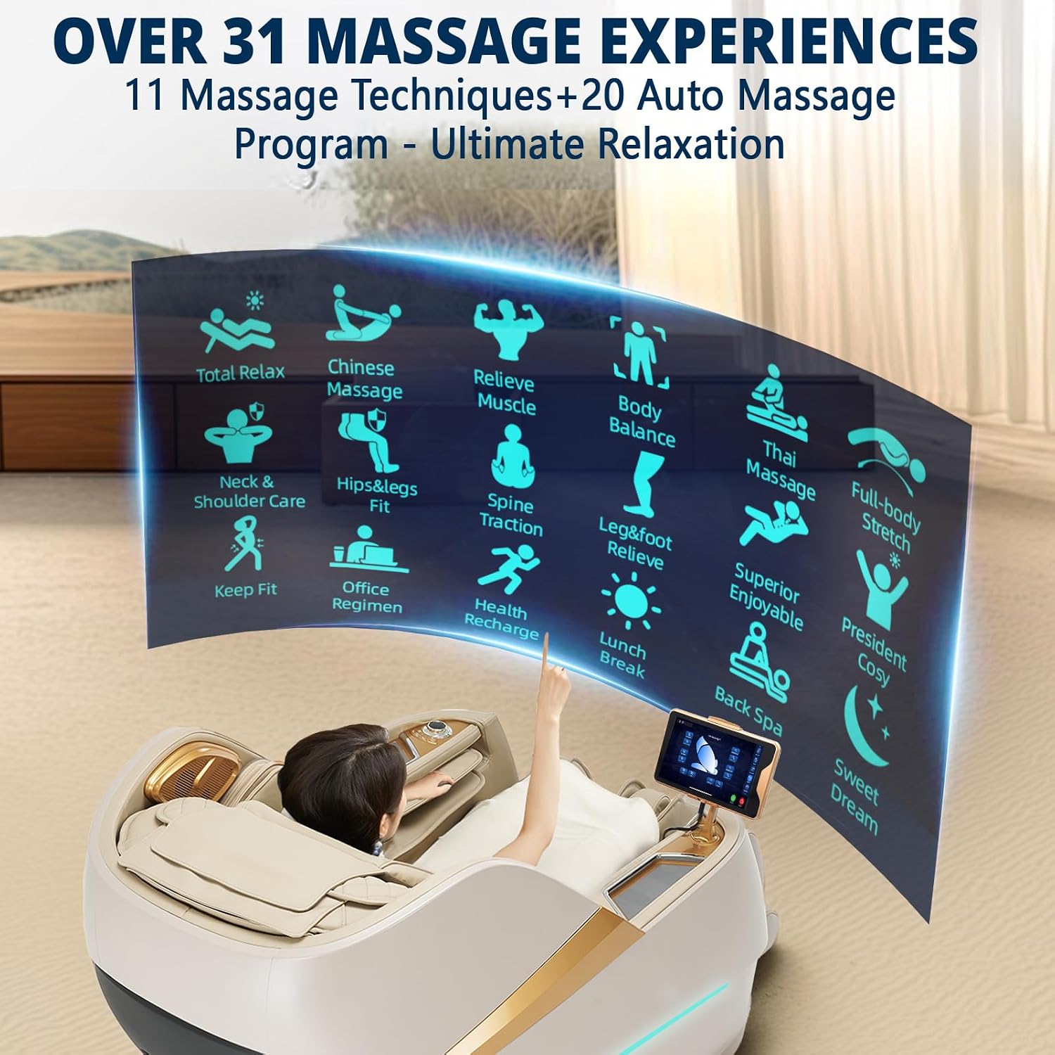 HealthRelife 4D Massage Chair Full Body Zero Gravity Recliner - 55' SL-Track,20 Auto Modes,11 Massage Technique,40 Airbags Massage,with Yoga Stretch,APP Control,Negative Oxygen lons（Beige）