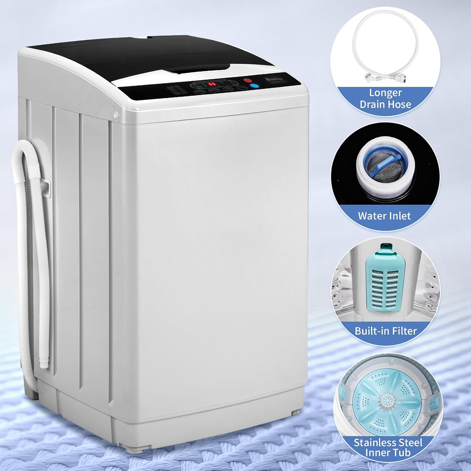 Winado 25LBS Portable Washing Machine, Full-Automatic Laundry Machine with Stainless Steel Drum, 10 Wash Programs Compact Washer and Spin Dryer Combo with Drain Pump for Apartment, Dorm, Home