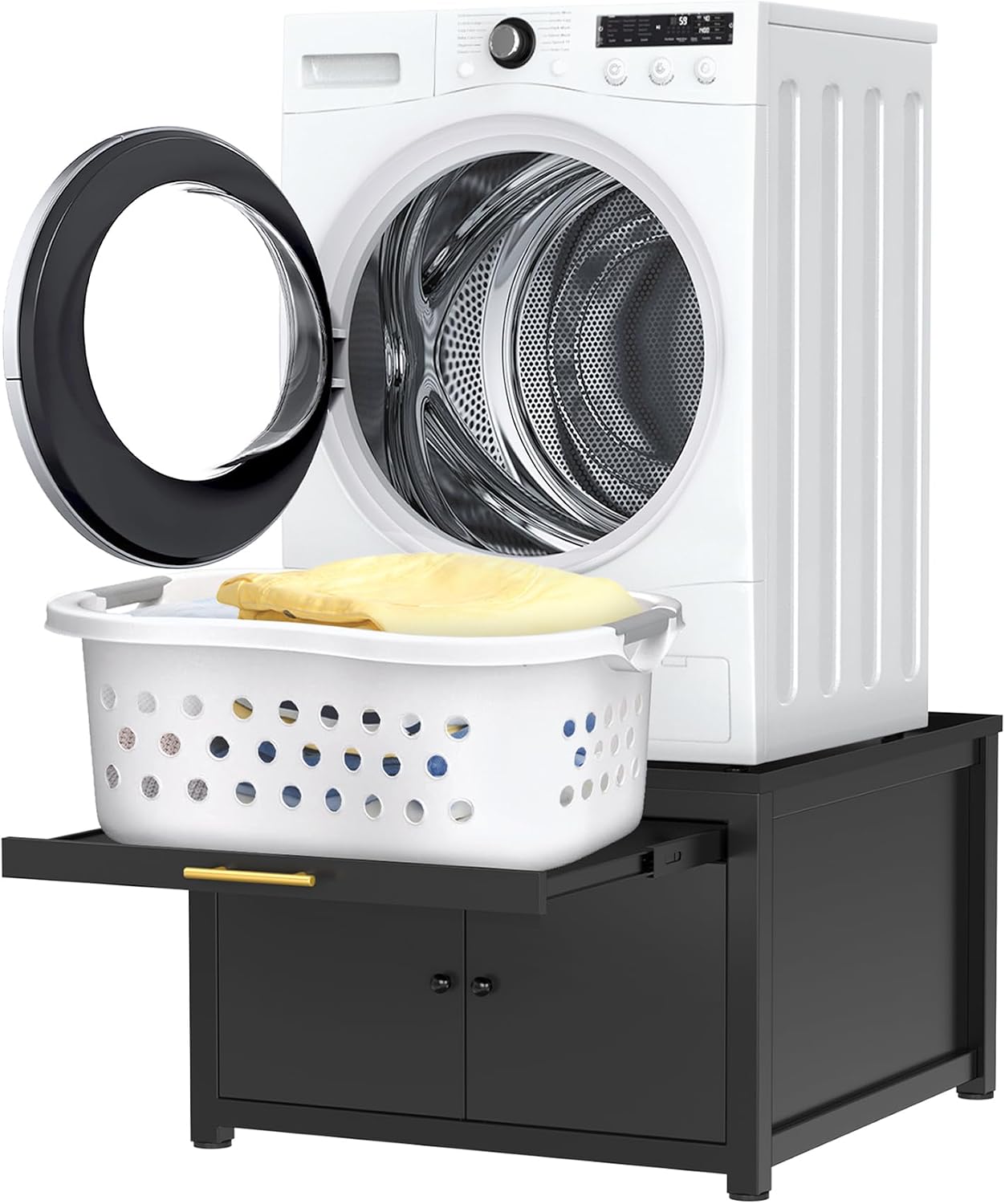 GDLF Laundry Pedestal Heavy Duty Metal Washer Dryer Pedestal 29' Universal Fit Anti-Vibration Washing Machine Stand with Laundry Basket Shelf and Built-in Drain Pan + Hose,770 LBS Capacity