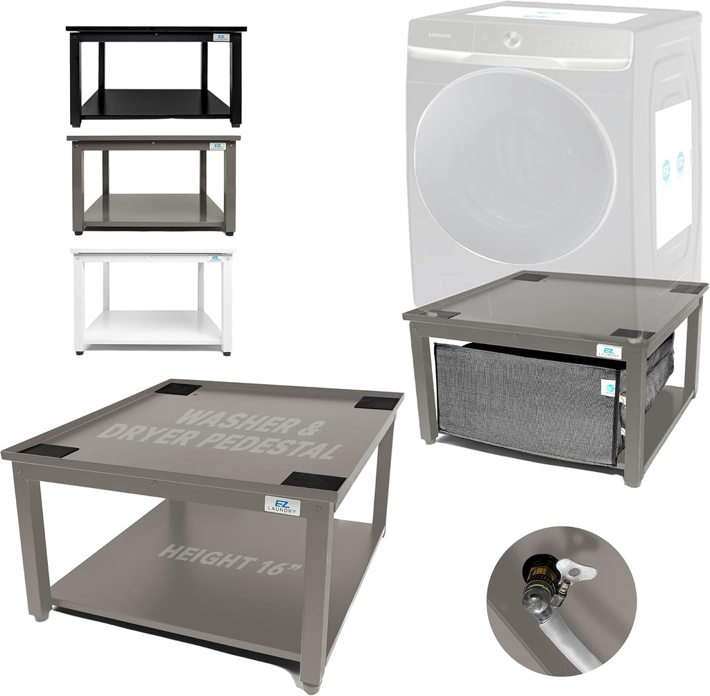 Washer and Dryer Pedestal - 27' W, 16' H, Gray Steel Universal Fit with Major Brands, Leak-Proof Laundry Pedestal with Drain Pan & Hose, Washer and Dryer Stand for Back Pain Relief, 800 lbs Capacity