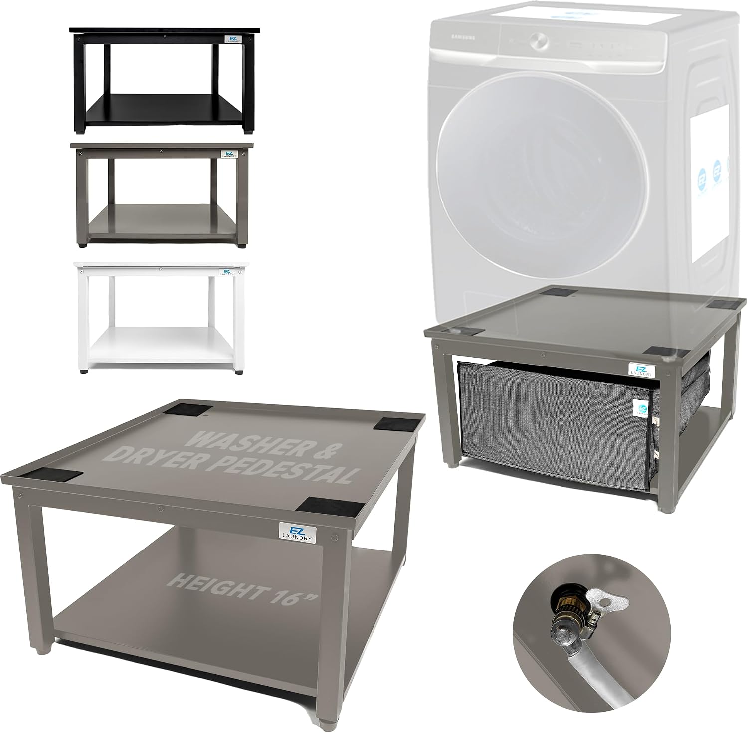 Washer and Dryer Pedestal - 27' W, 16' H, Gray Steel Universal Fit with Major Brands, Leak-Proof Laundry Pedestal with Drain Pan & Hose, Washer and Dryer Stand for Back Pain Relief, 800 lbs Capacity