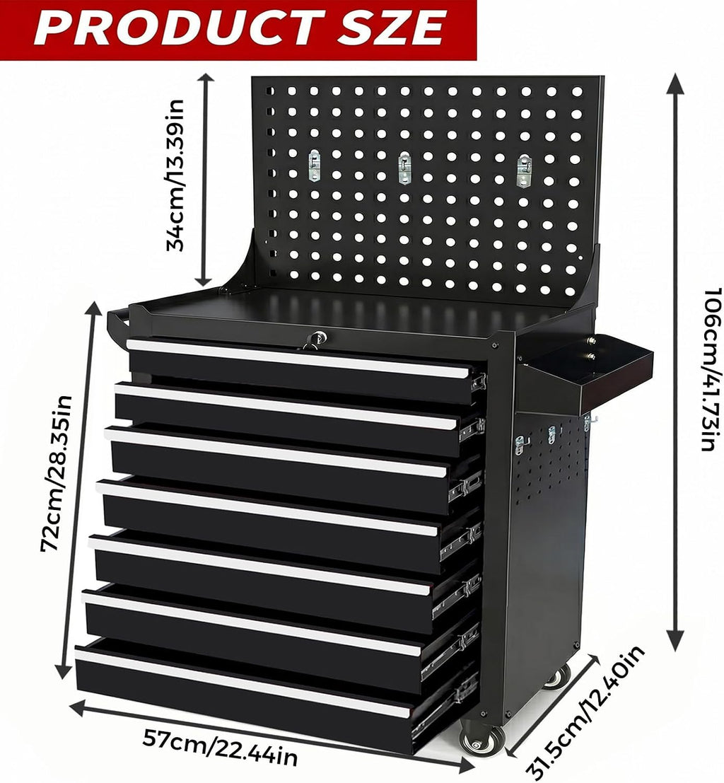 Rolling Tool Chest with Wheels, 7 Drawers Tool Storage Cabinet, Portable Metal Tool Box Organizer with Lock, Tool Cart on Wheels Toolbox Workbench for Garage, Workshop, Warehouse(Required Assembly)