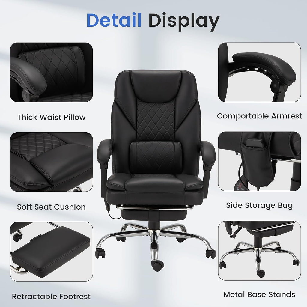 HOMREST 6-Point Massage Office Chair with Heat, 500lbs Big and Tall Executive Chair, Ergonomic Reclining Desk Chair with Footrest & Lumbar Support, Adjustable Armrest, PU Leather (Black)