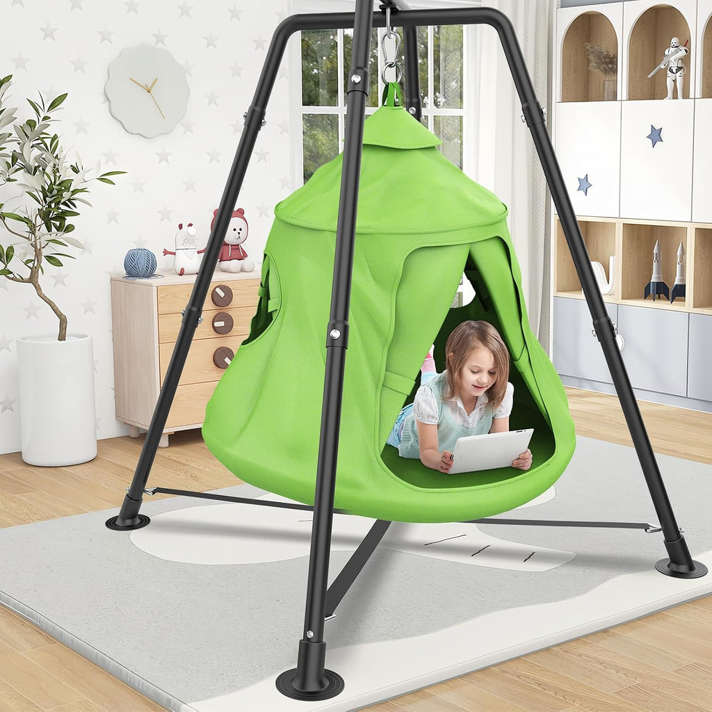 Swing Set with Tent Swing, X-Shaped Swing Frame with Sensory Swing, Tent Swing with Swing Stand, Hammock Chair with Stand, 330 lbs Capacity, w/Rainbow Lights String, Indoor/Outdoor Use(Green)