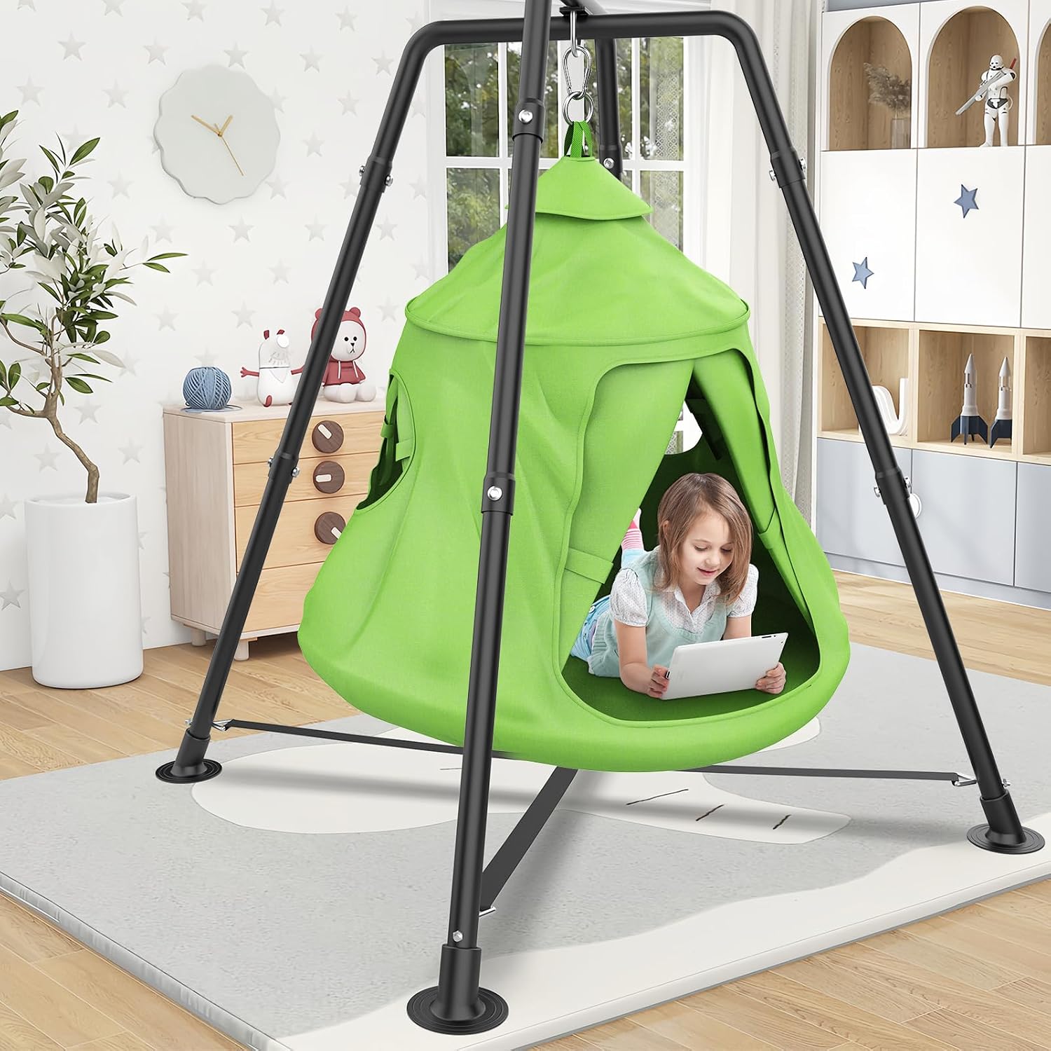 Swing Set with Tent Swing, X-Shaped Swing Frame with Sensory Swing, Tent Swing with Swing Stand, Hammock Chair with Stand, 330 lbs Capacity, w/Rainbow Lights String, Indoor/Outdoor Use(Green)
