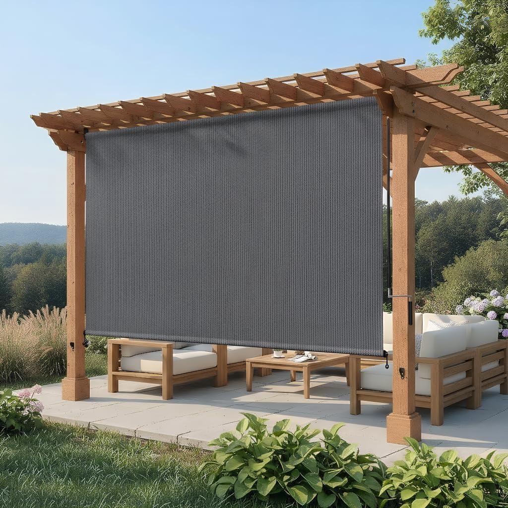 Shade&Beyond Outdoor Roller Shades with Splicing Design, 30' W x 96' H Exterior Cordless Patio Roll Up Blinds for Porch, Gazebo, Pergola, Balcony, Grey