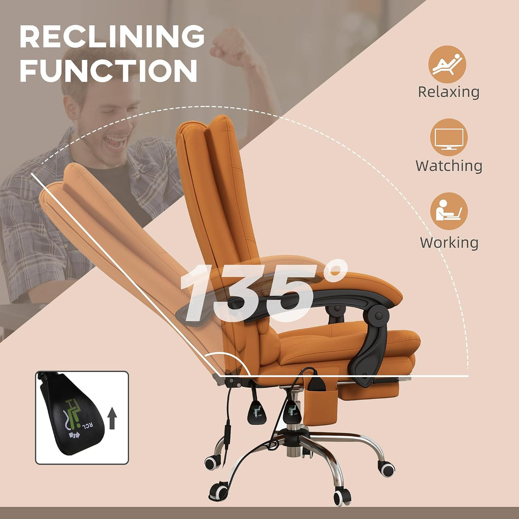 Vinsetto Executive Massage Office Chair with 4 Vibration and Heat, 3 Modes, PU Leather Swivel Chair with Adjustable Height, Reclining Back, and Footrest, Light Brown