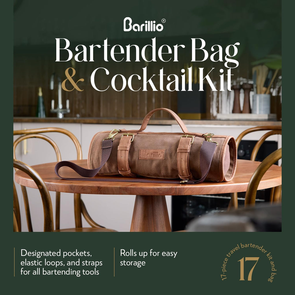 Barillio Bartender Kit Bag with Gold Cocktail Shaker Set - Waxed Canvas, Traveling Bar Tools Bag with 17-Pc Cocktail Kit - Travel Mixology Bartending Kits - Mobile Bar Roll with Strap & Accessories