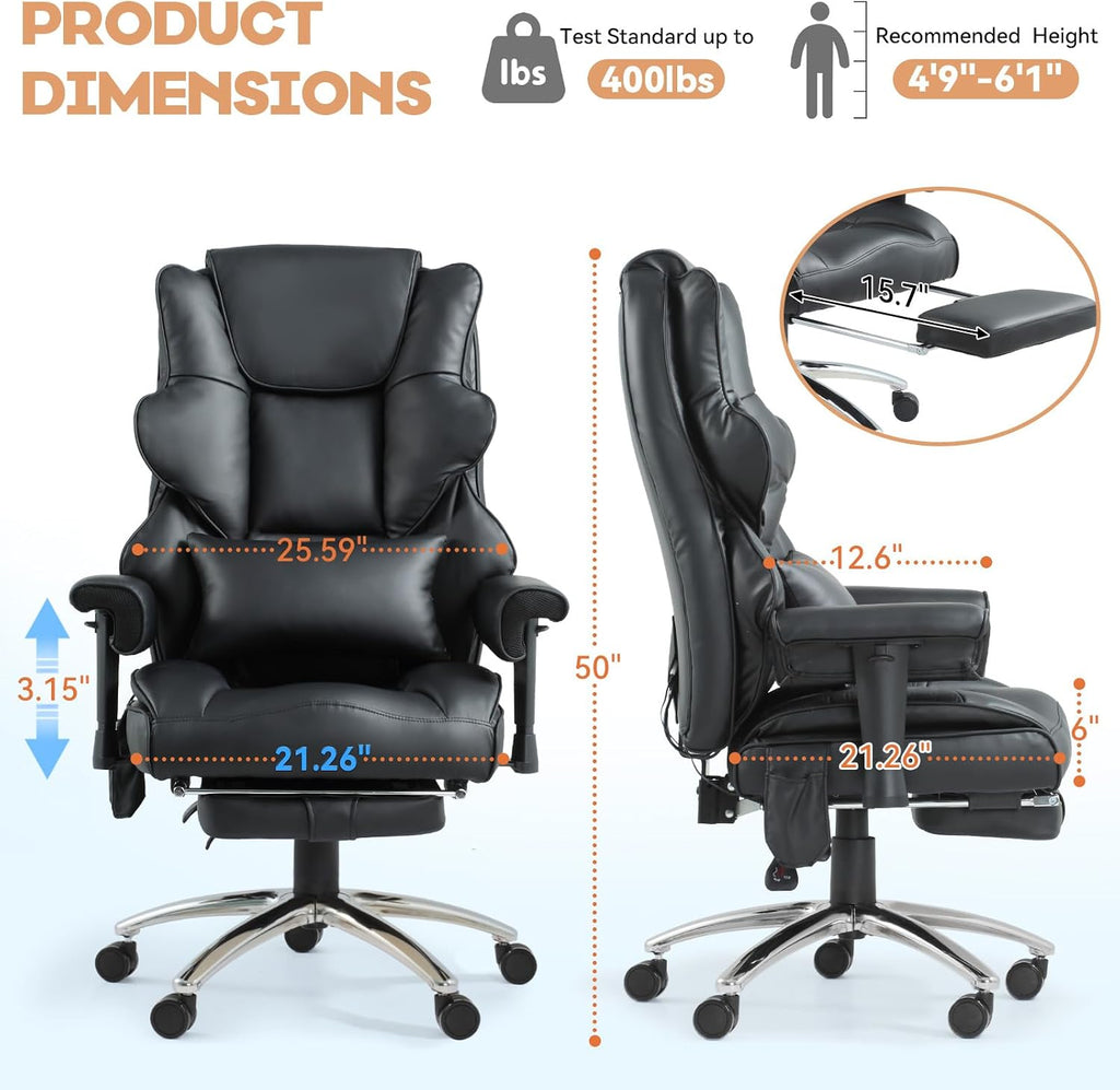 Massage Office Chair with Foot Rest, Ergonomic Executive Heated Office Chair with Reclining Backrest, Adjustable Arms and Lumbar Support, High Back Leather Desk Chairs for Home Office, Black